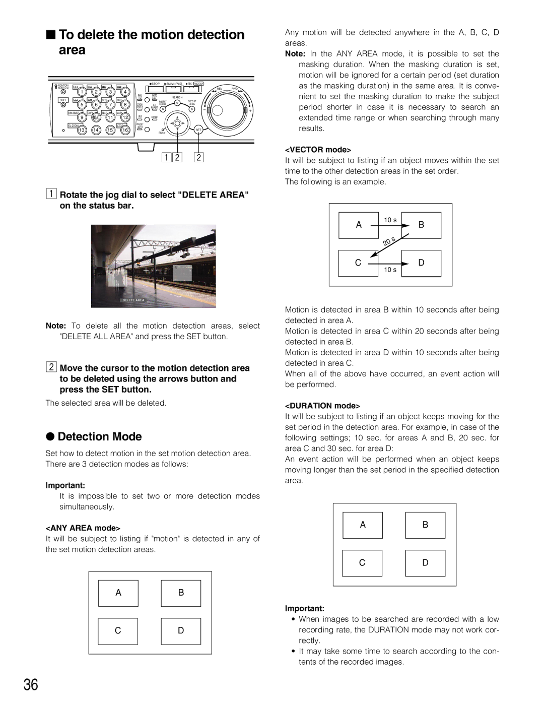 Panasonic WJ-HD309 manual To delete the motion detection area, Detection Mode, Selected area will be deleted, Duration mode 