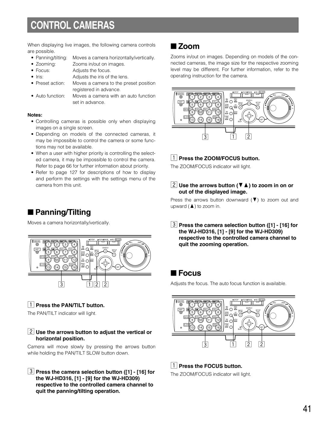 Panasonic WJ-HD309 manual Control Cameras, Panning/Tilting, Zoom, Focus 