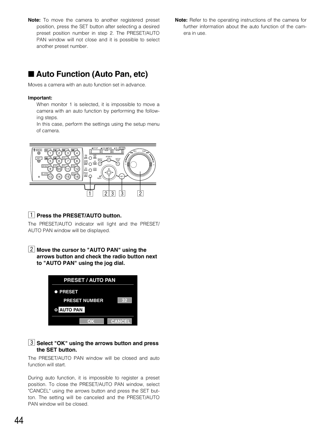 Panasonic WJ-HD309 manual Auto Function Auto Pan, etc, Xc c 