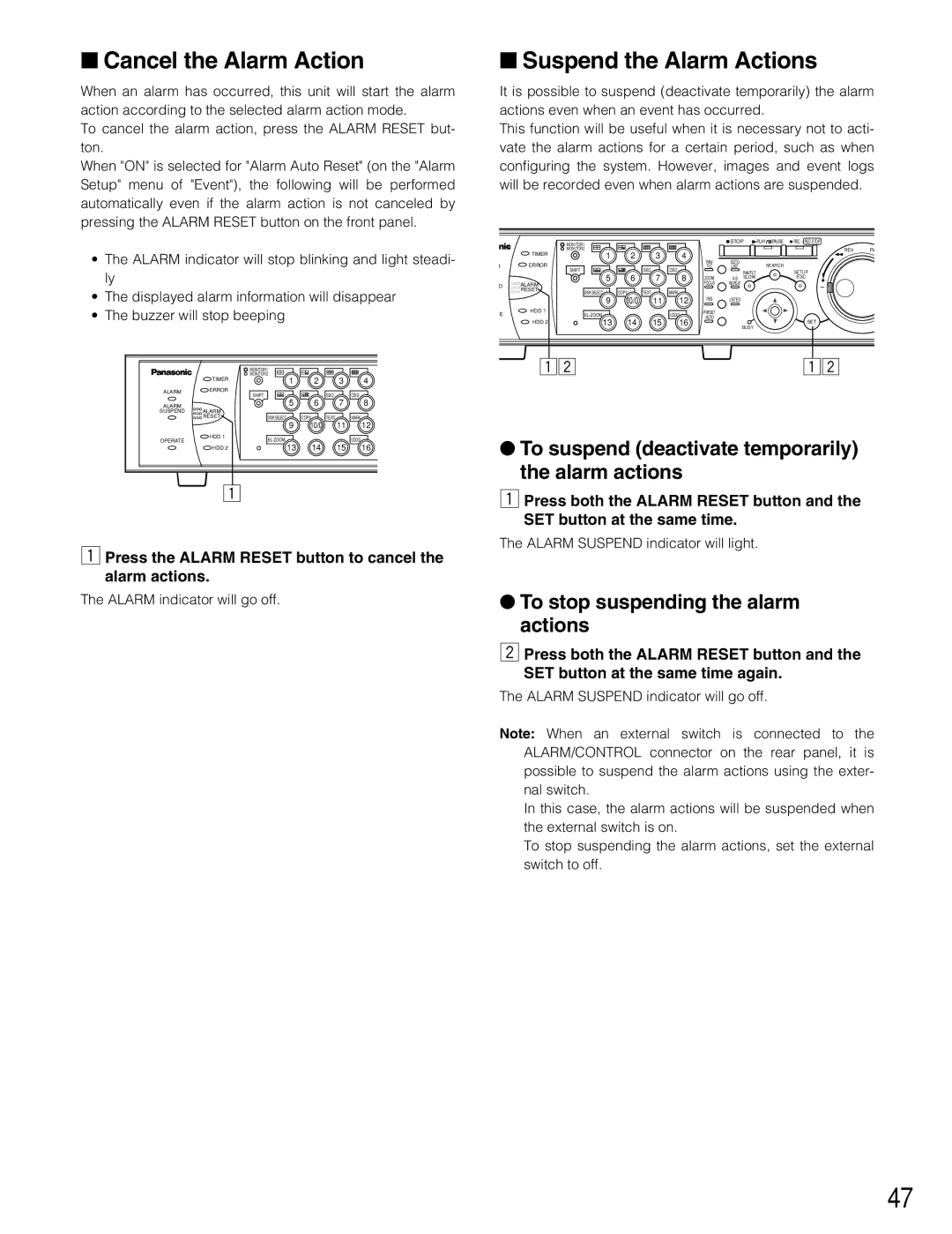 Panasonic WJ-HD309 Cancel the Alarm Action, Suspend the Alarm Actions, To suspend deactivate temporarily the alarm actions 