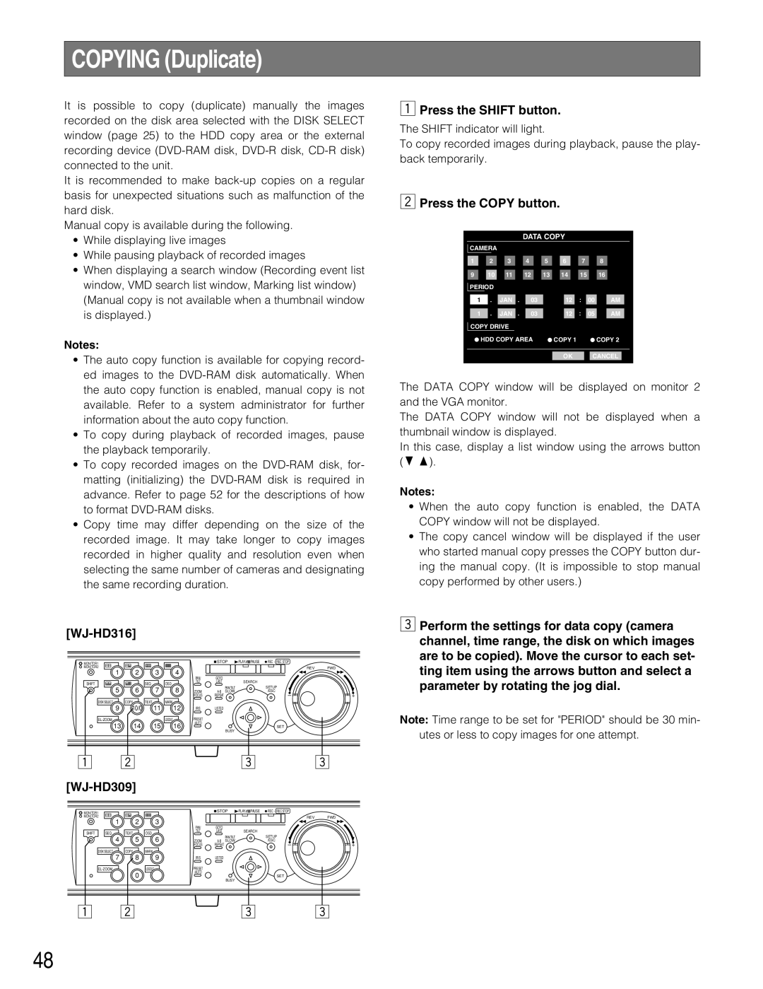 Panasonic WJ-HD309 manual Copying Duplicate, Press the Copy button 