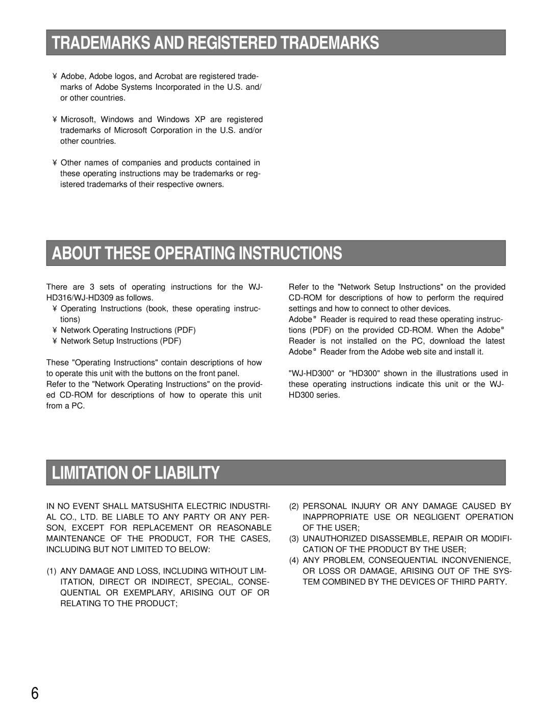 Panasonic WJ-HD309 manual Trademarks and Registered Trademarks, About These Operating Instructions, Limitation of Liability 