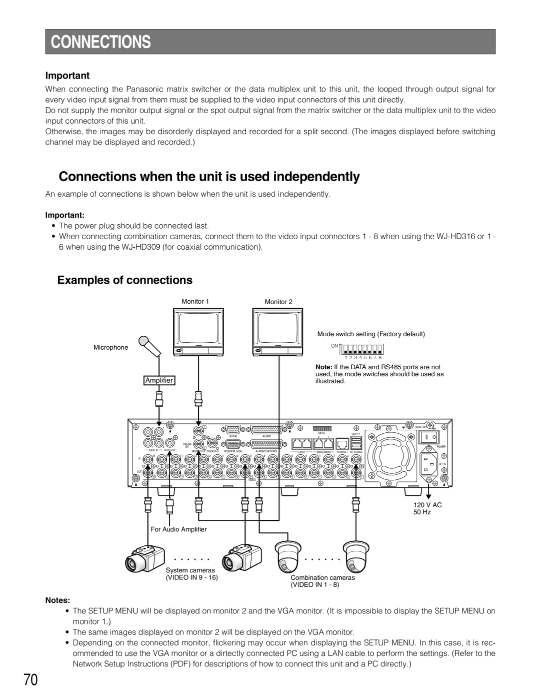 Panasonic WJ-HD309 manual Connections when the unit is used independently, Examples of connections 