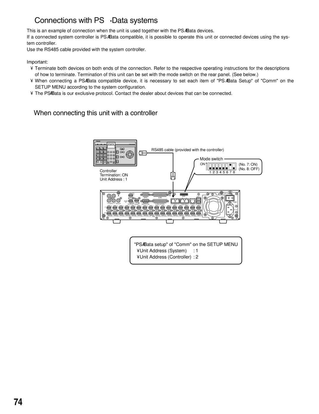 Panasonic WJ-HD309 manual Connections with PS·Data systems, When connecting this unit with a controller 