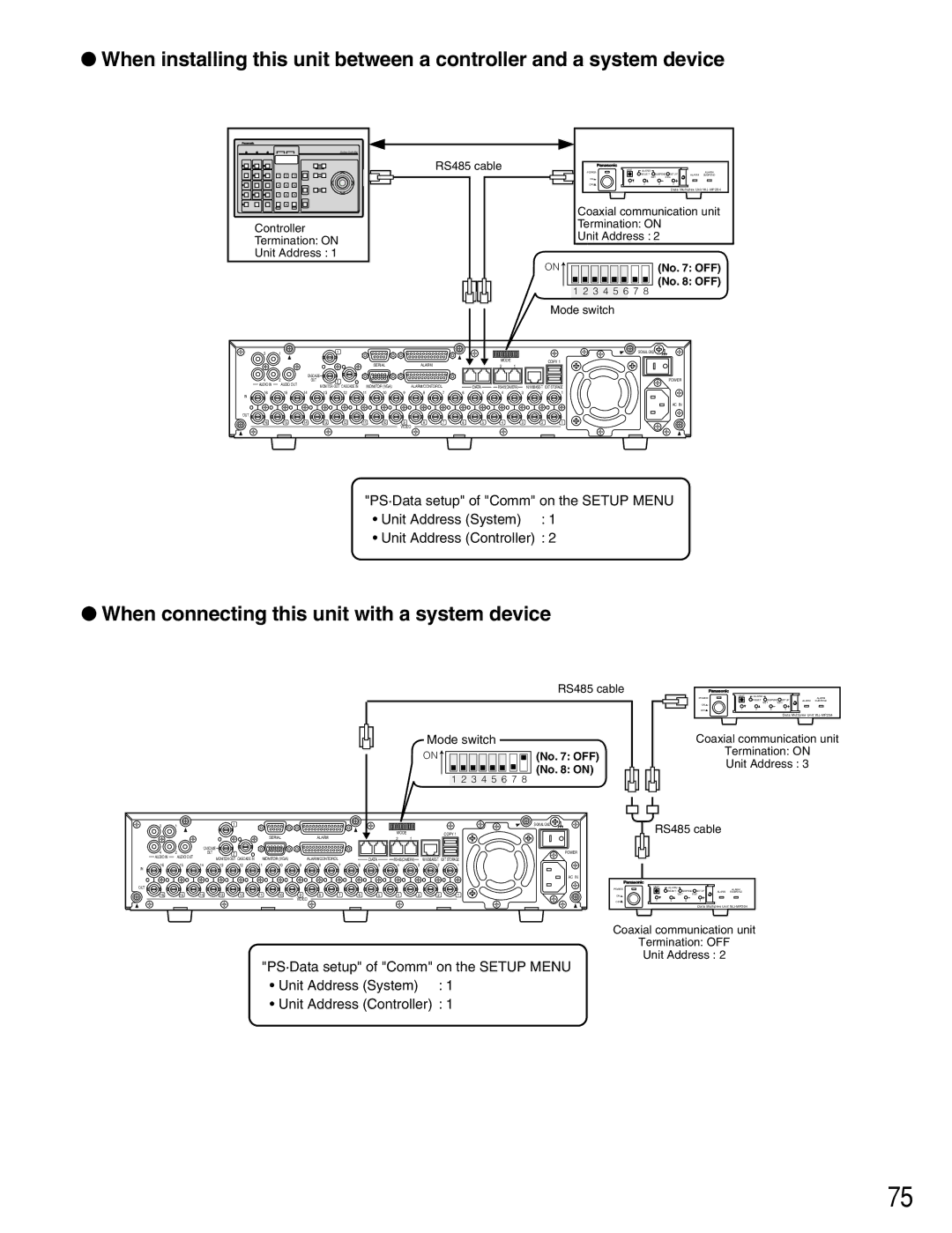 Panasonic WJ-HD309 manual When connecting this unit with a system device, PS·Data setup of Comm on the Setup Menu 