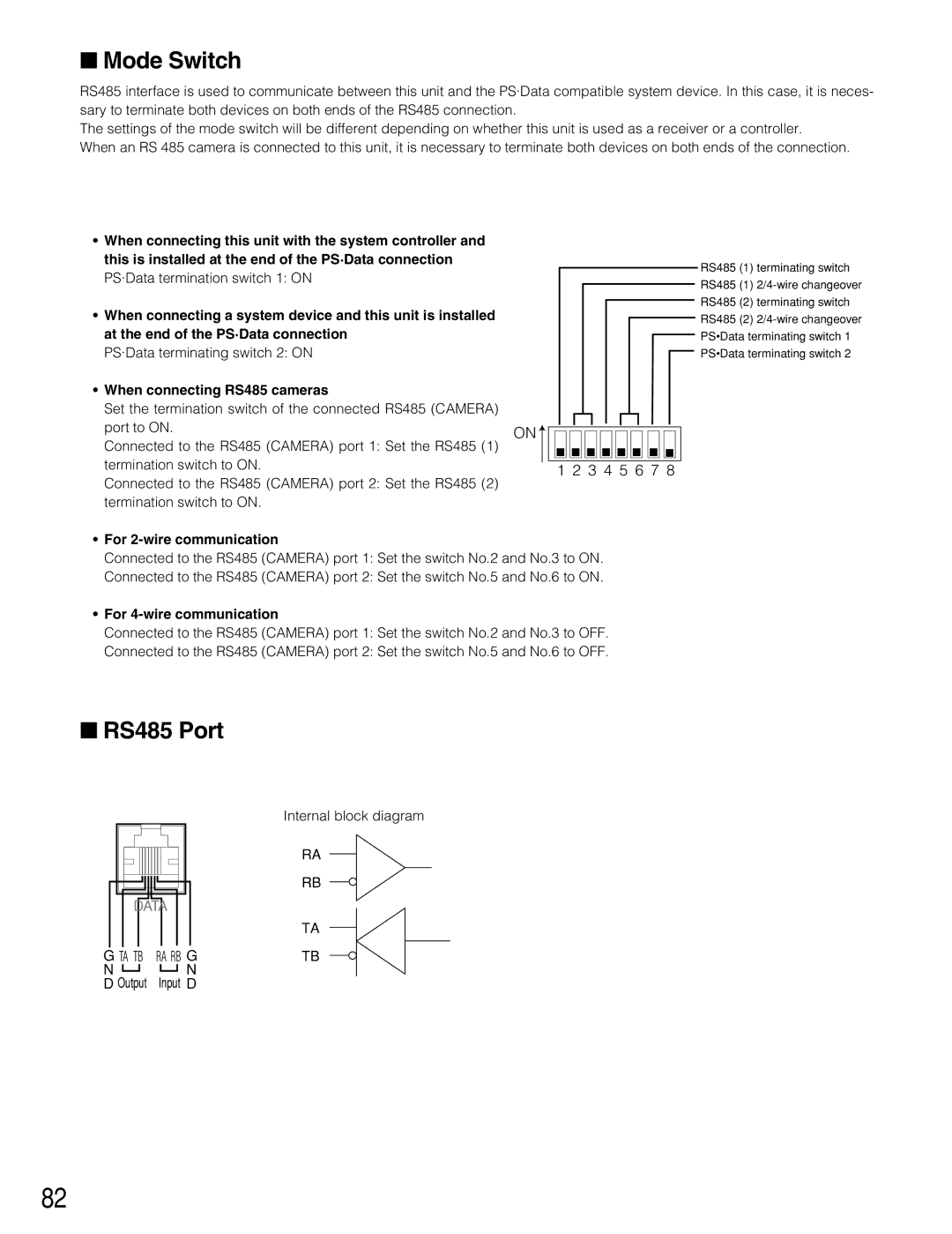 Panasonic WJ-HD309 manual Mode Switch, RS485 Port, When connecting RS485 cameras, For 2-wire communication 