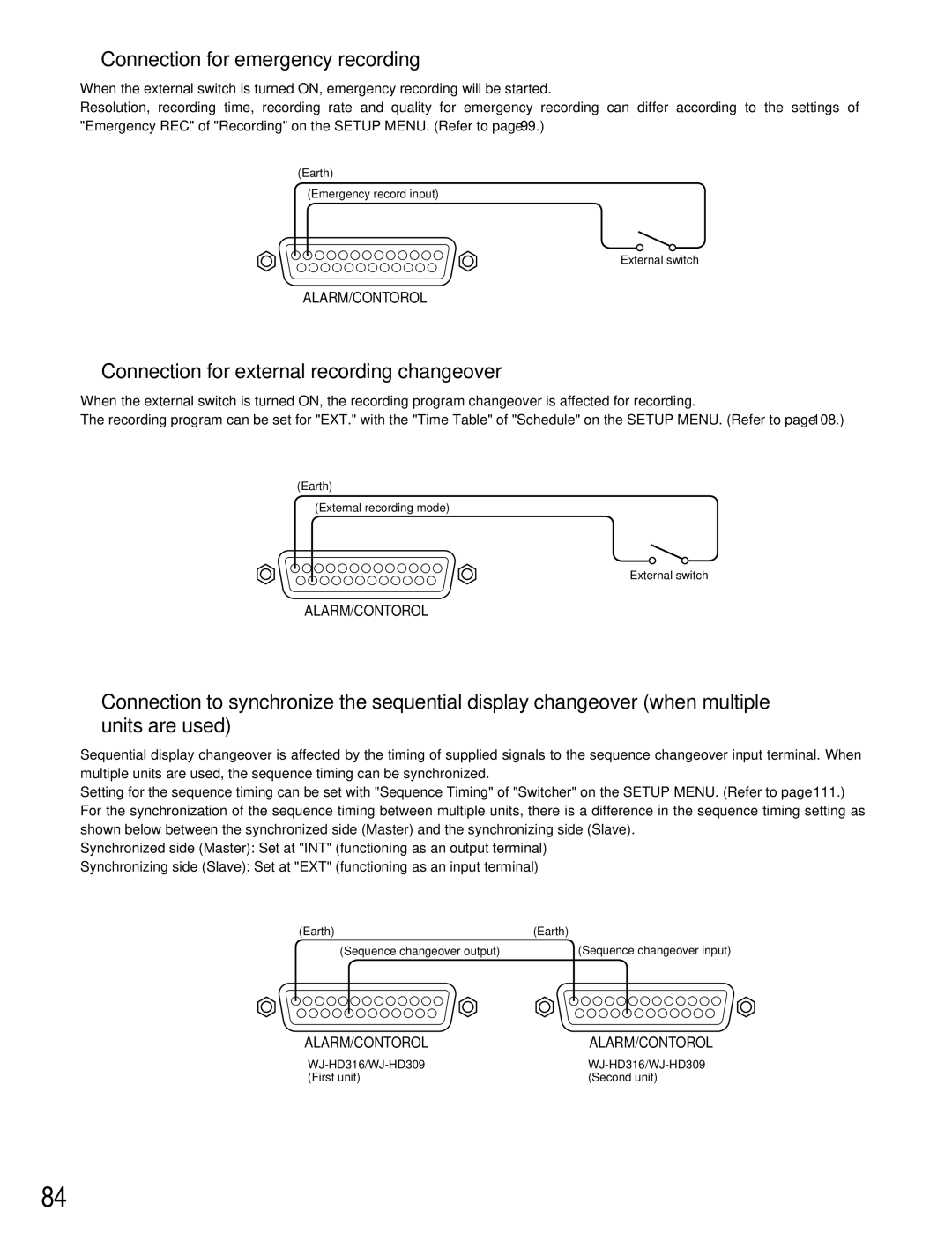 Panasonic WJ-HD309 manual Connection for emergency recording, Connection for external recording changeover 