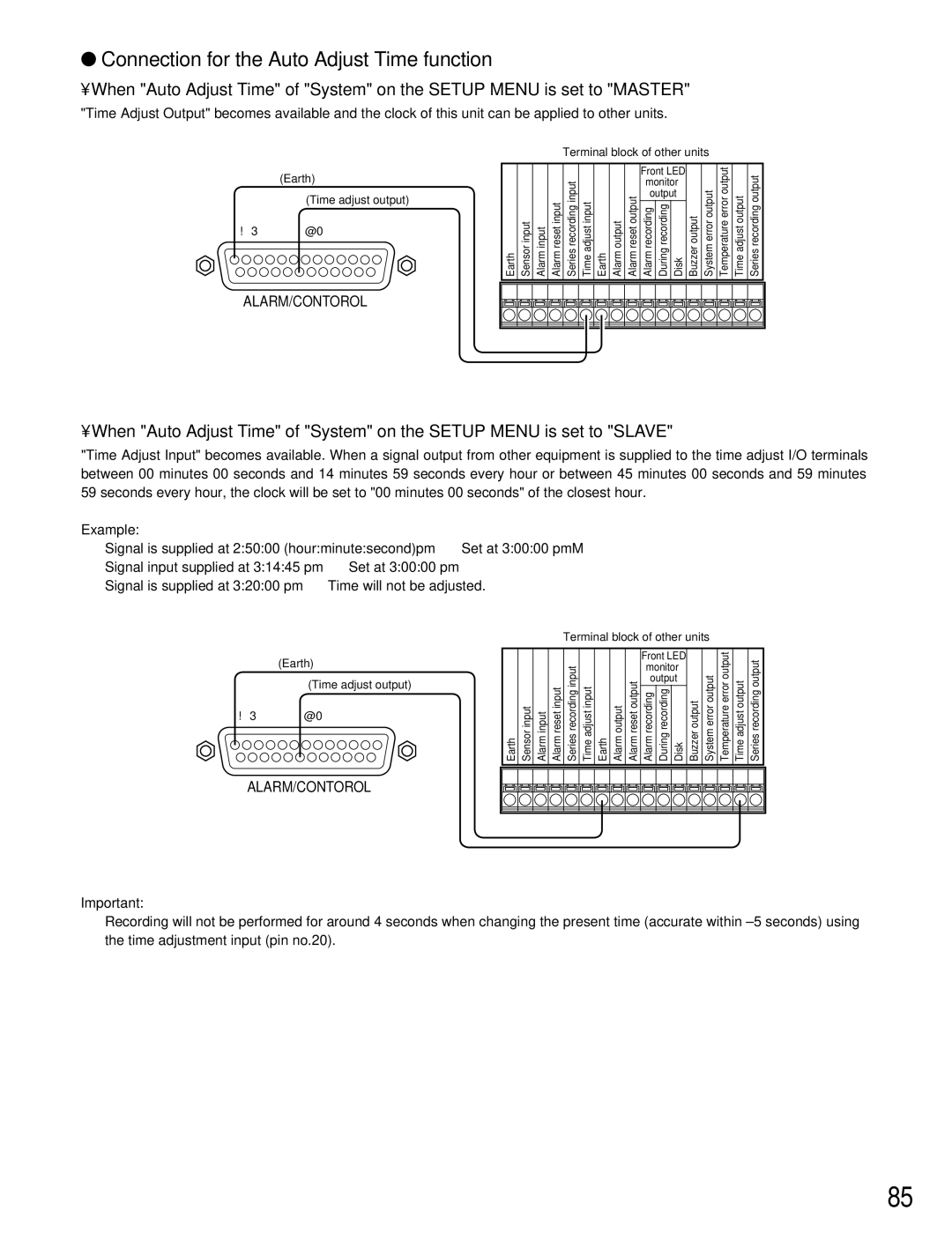 Panasonic WJ-HD309 manual Connection for the Auto Adjust Time function, Example 