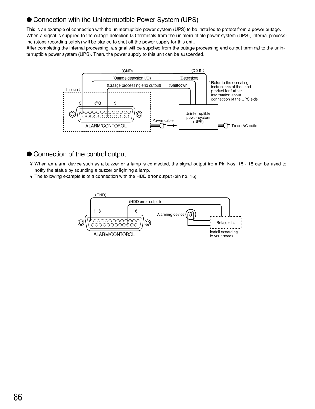 Panasonic WJ-HD309 manual Connection with the Uninterruptible Power System UPS, Connection of the control output 