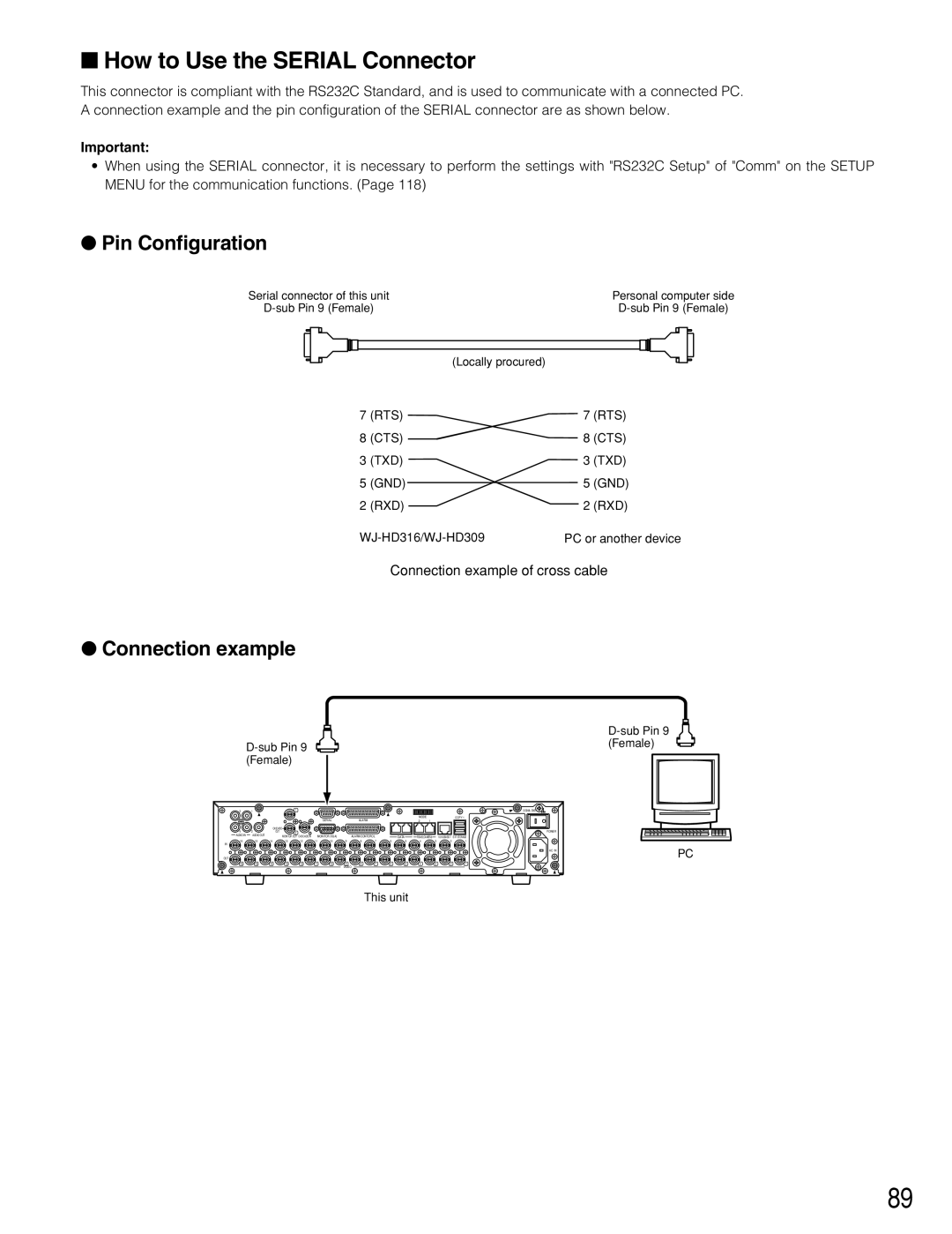 Panasonic WJ-HD309 manual How to Use the Serial Connector, Pin Configuration, Connection example 