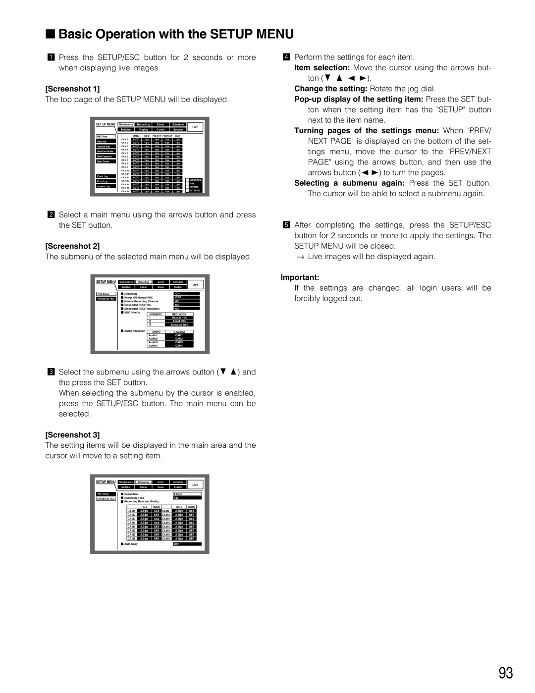 Panasonic WJ-HD309 manual Basic Operation with the Setup Menu 