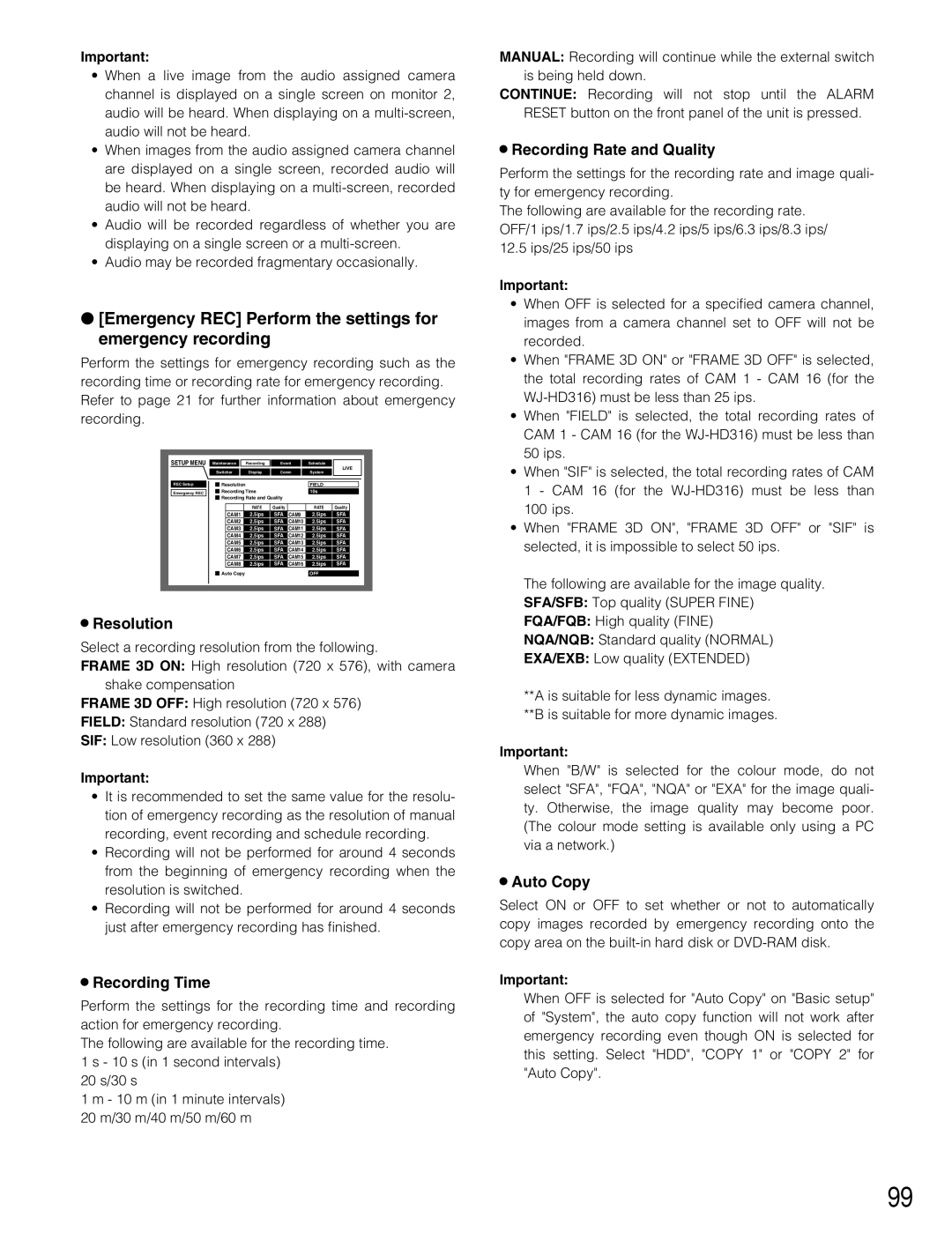 Panasonic WJ-HD309 manual Emergency REC Perform the settings for emergency recording, Resolution, Recording Time, Auto Copy 