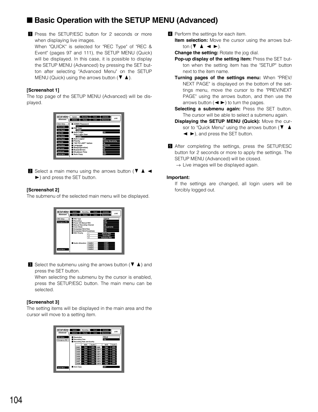 Panasonic WJ-HD309A, WJ-HD316A operating instructions 104, Basic Operation with the Setup Menu Advanced 