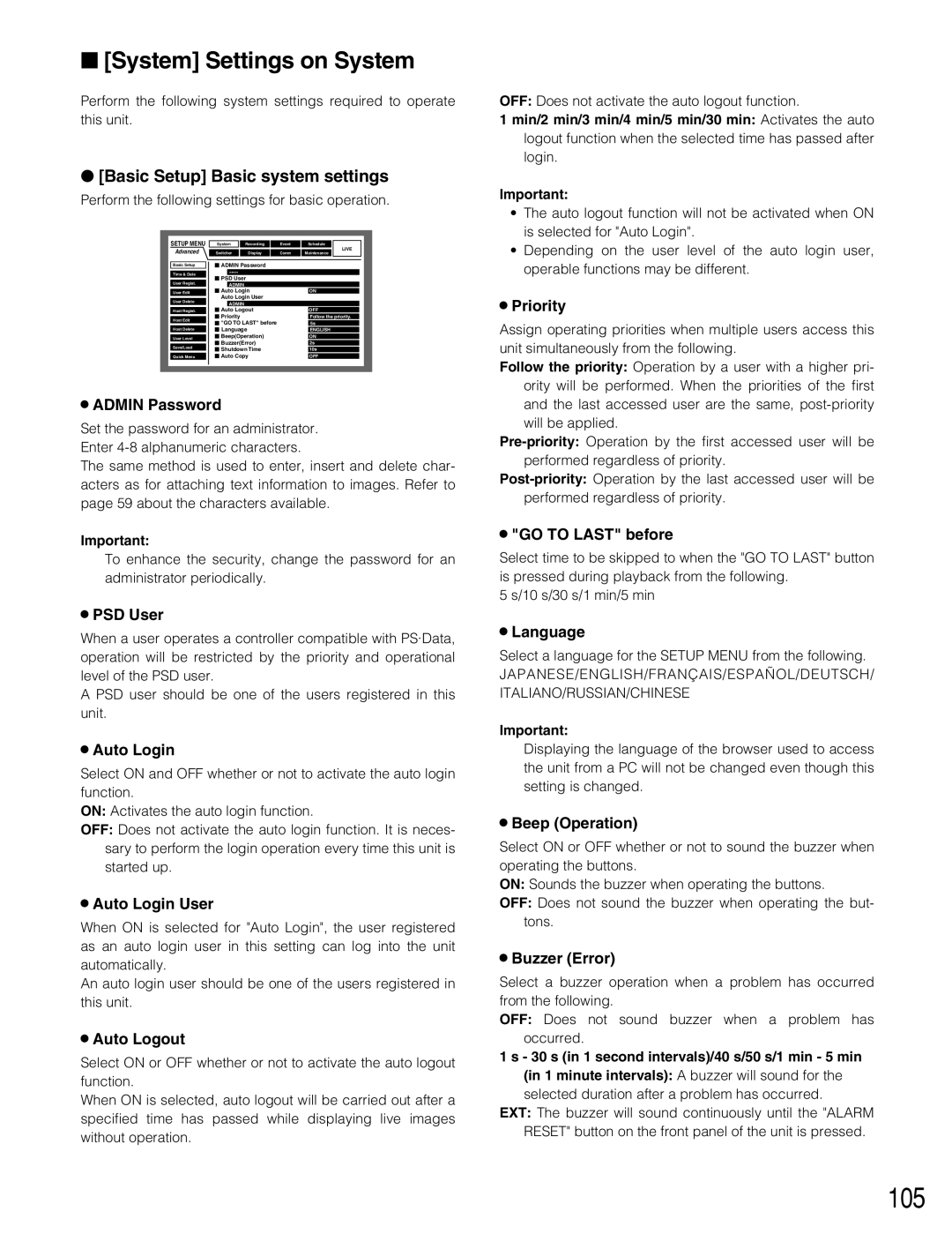 Panasonic WJ-HD316A, WJ-HD309A operating instructions 105, System Settings on System, Basic Setup Basic system settings 