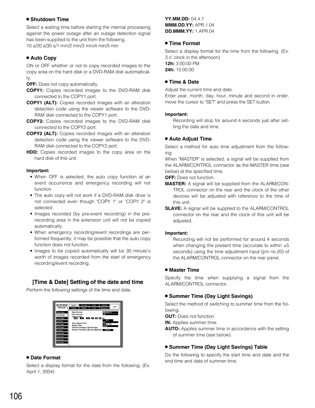 Panasonic WJ-HD309A, WJ-HD316A operating instructions 106, Time & Date Setting of the date and time 