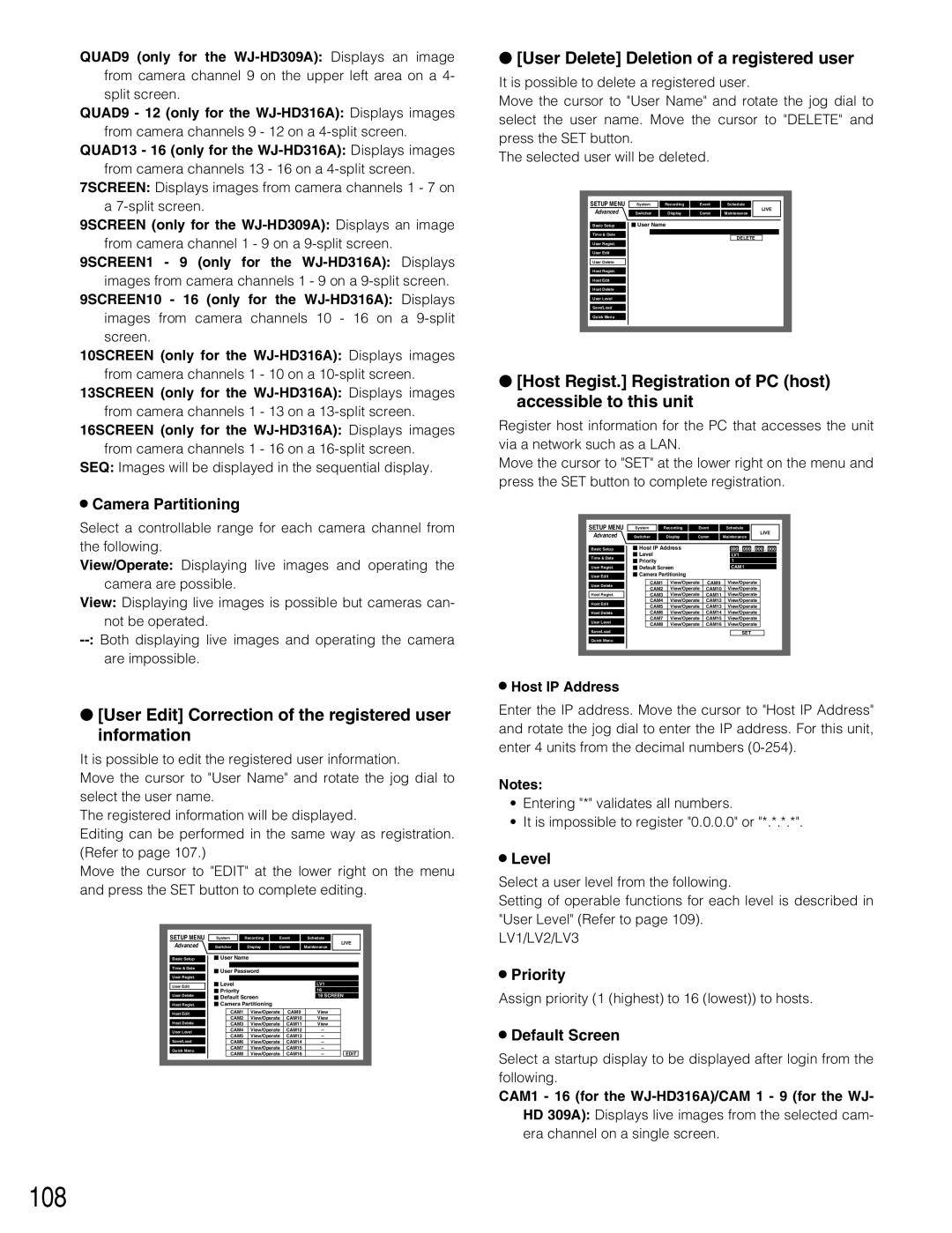 Panasonic WJ-HD309A, WJ-HD316A 108, User Edit Correction of the registered user information, Camera Partitioning 