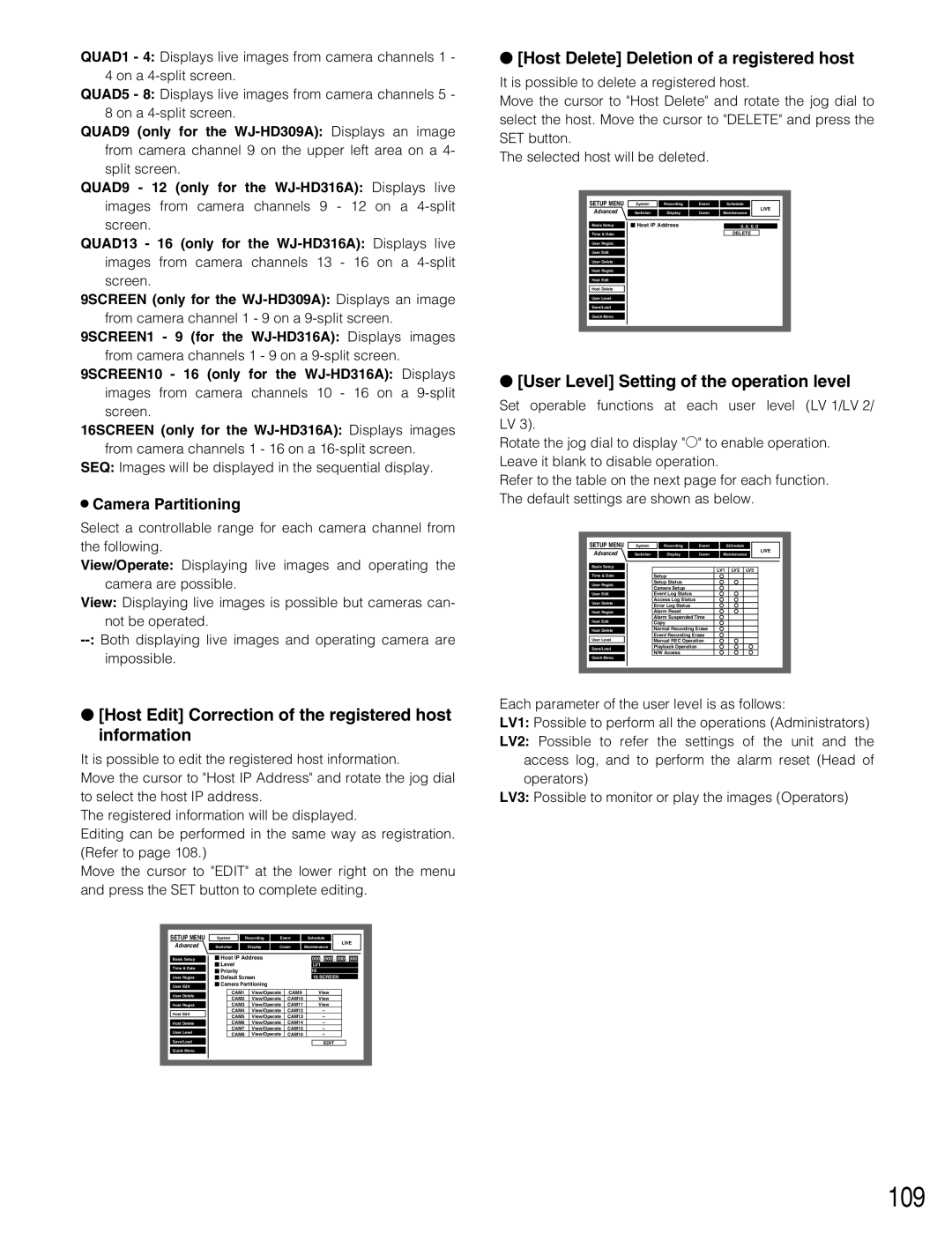 Panasonic WJ-HD316A, WJ-HD309A operating instructions 109, Host Edit Correction of the registered host information 