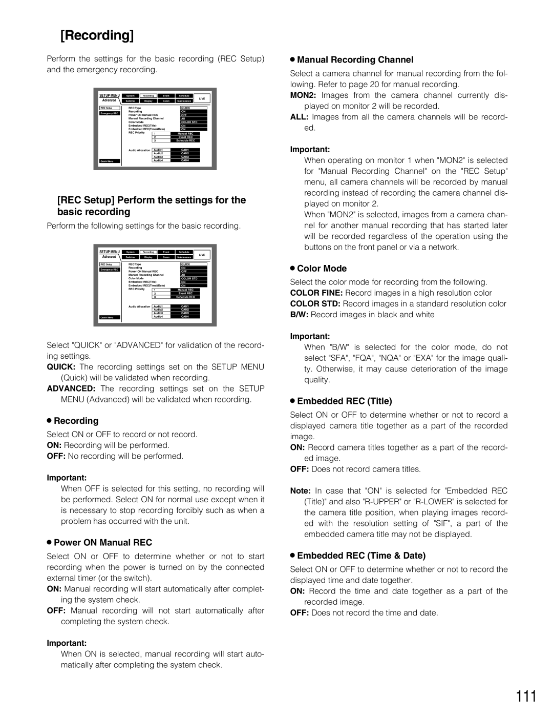 Panasonic WJ-HD316A, WJ-HD309A operating instructions 111, Recording, REC Setup Perform the settings for the basic recording 