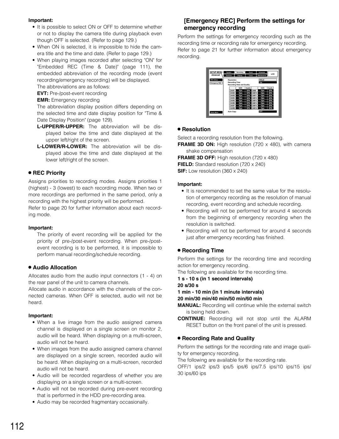 Panasonic WJ-HD309A, WJ-HD316A operating instructions 112, Emergency REC Perform the settings for emergency recording 