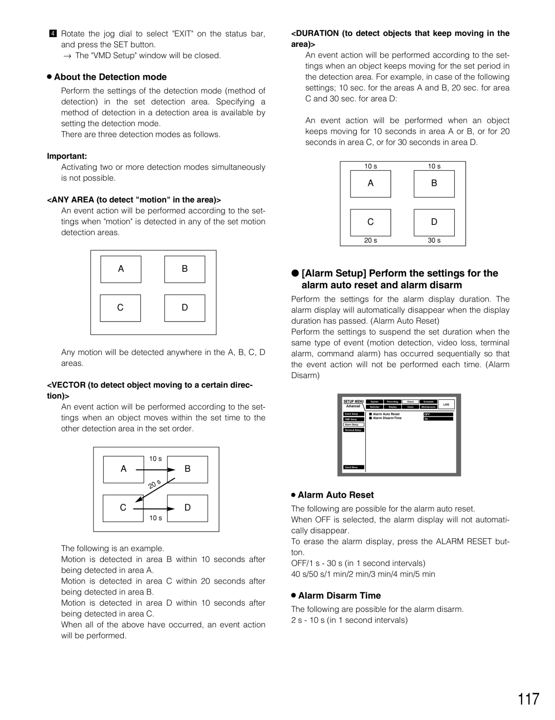 Panasonic WJ-HD316A, WJ-HD309A operating instructions 117, About the Detection mode, Alarm Auto Reset, Alarm Disarm Time 