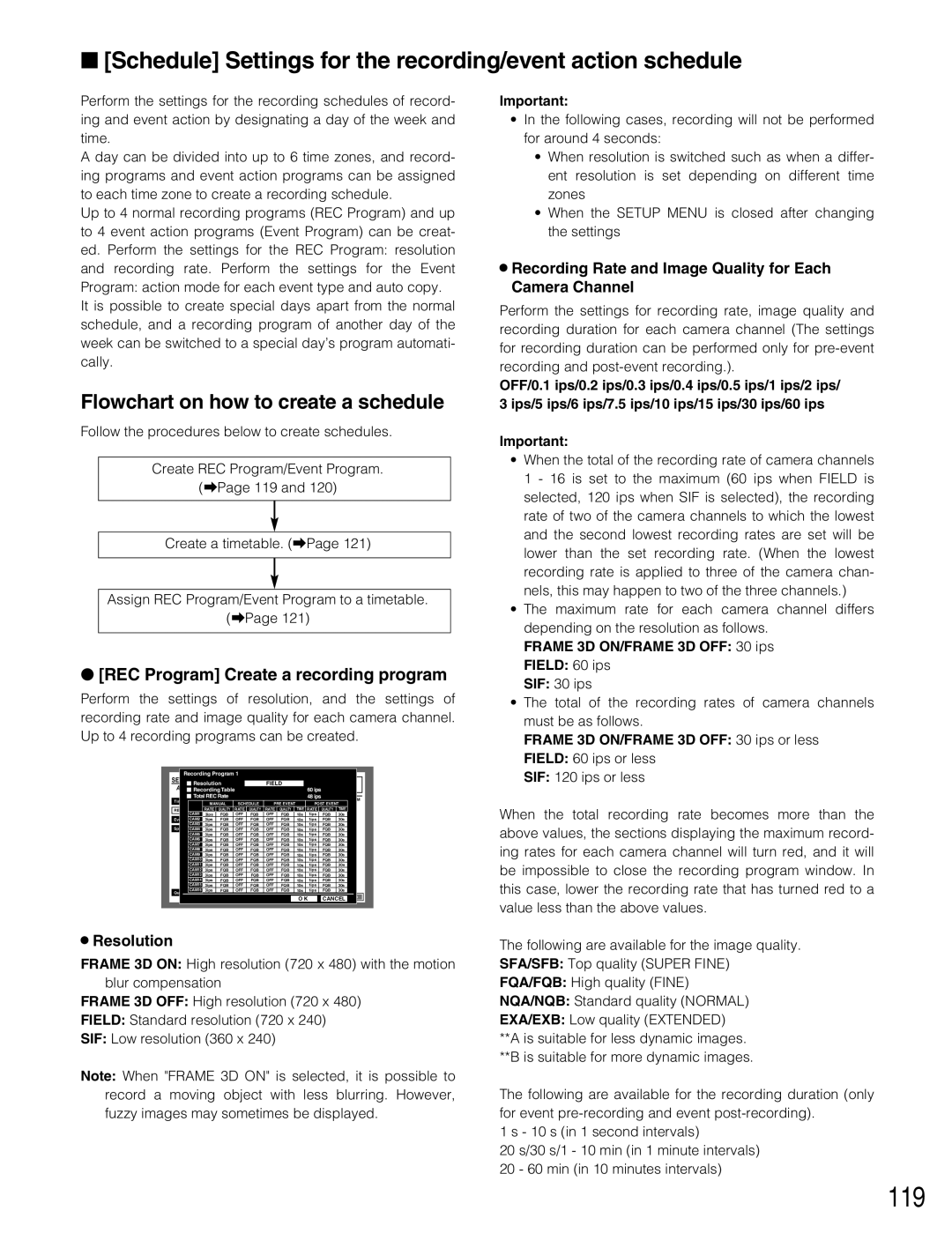 Panasonic WJ-HD316A 119, Schedule Settings for the recording/event action schedule, Flowchart on how to create a schedule 