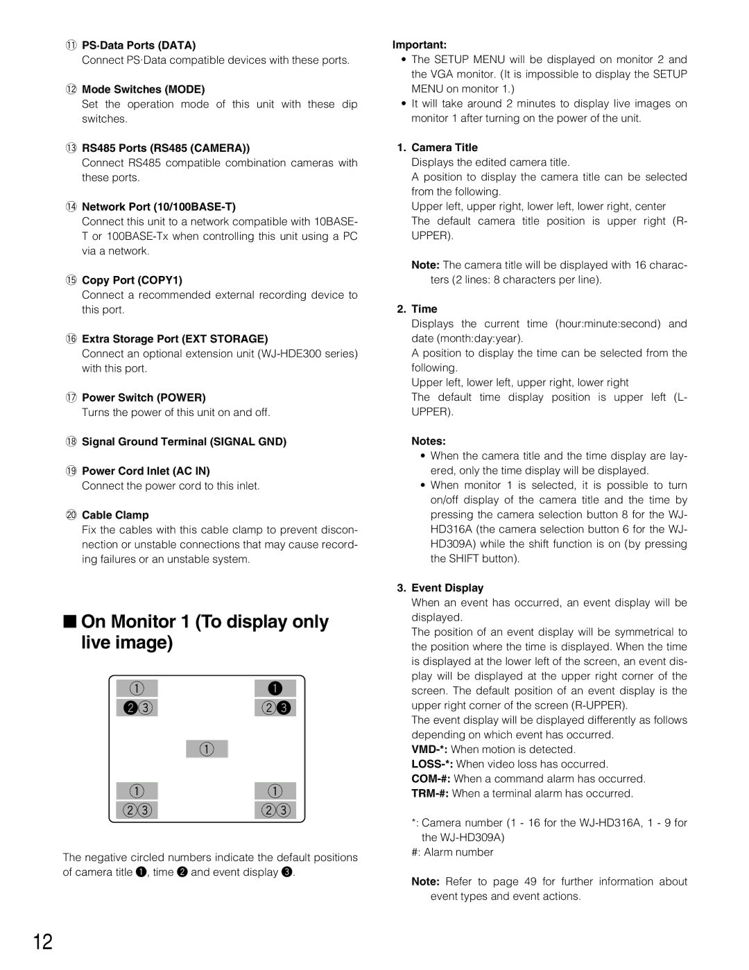 Panasonic WJ-HD309A, WJ-HD316A operating instructions On Monitor 1 To display only live image 