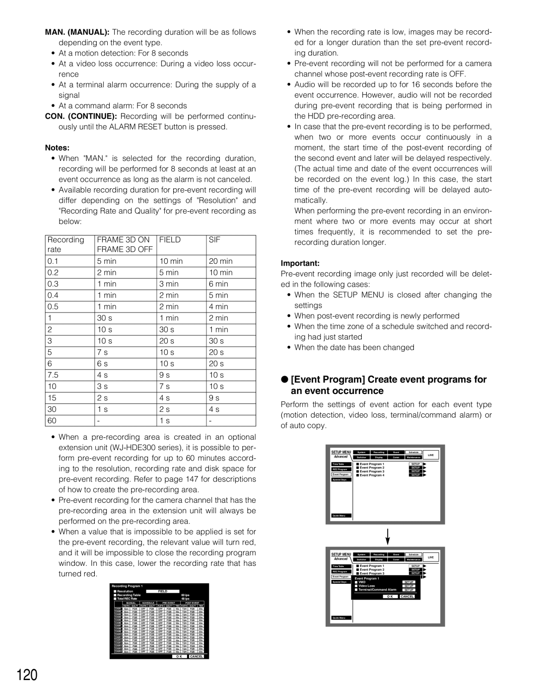 Panasonic WJ-HD309A 120, Event Program Create event programs for an event occurrence, Frame 3D on Field SIF, Rate 