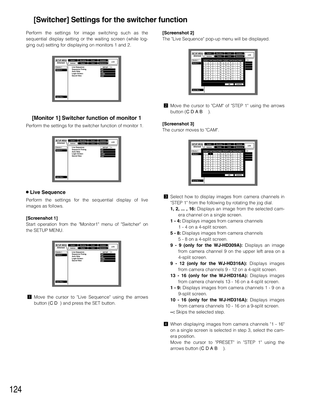 Panasonic WJ-HD309A, WJ-HD316A 124, Switcher Settings for the switcher function, Monitor 1 Switcher function of monitor 