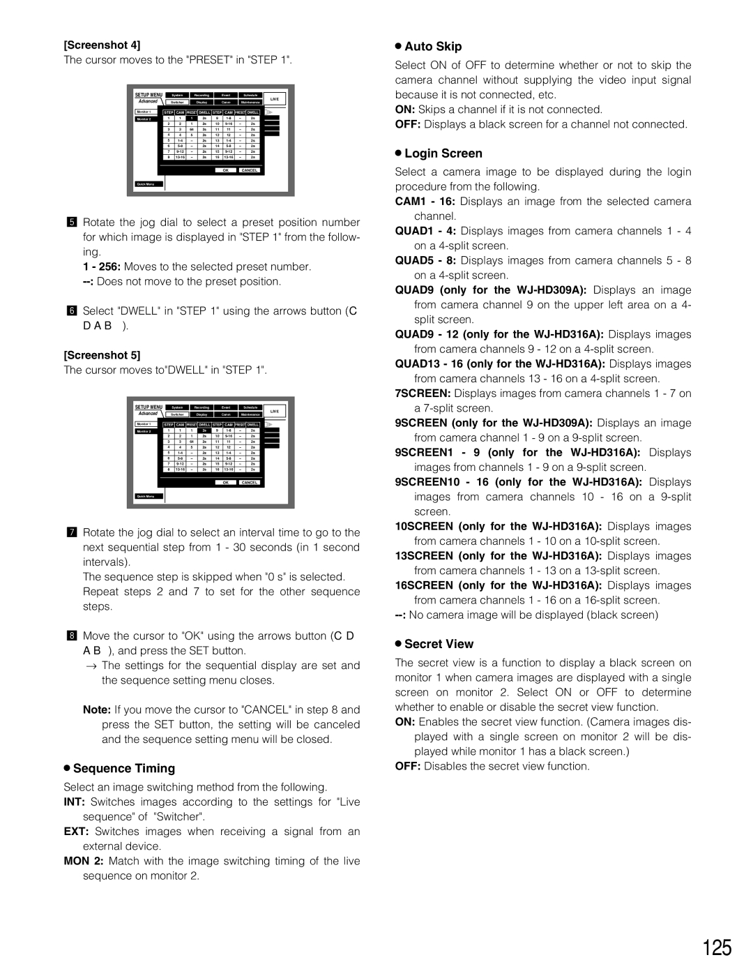 Panasonic WJ-HD316A, WJ-HD309A operating instructions 125, Sequence Timing, Auto Skip, Login Screen, Secret View 