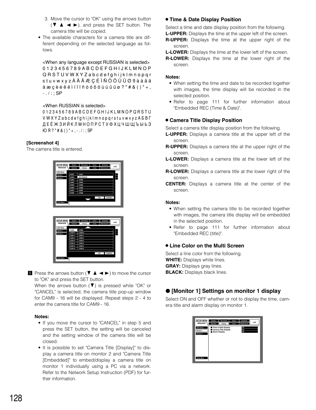 Panasonic WJ-HD309A, WJ-HD316A 128, Monitor 1 Settings on monitor 1 display, Line Color on the Multi Screen 