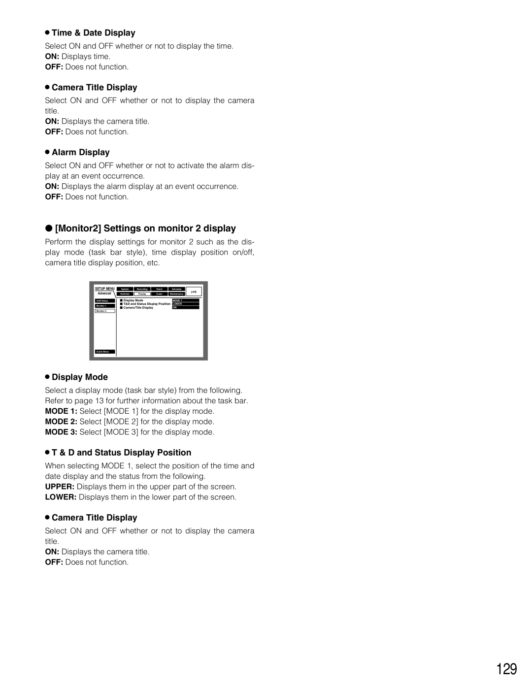 Panasonic WJ-HD316A, WJ-HD309A operating instructions 129, Monitor2 Settings on monitor 2 display 