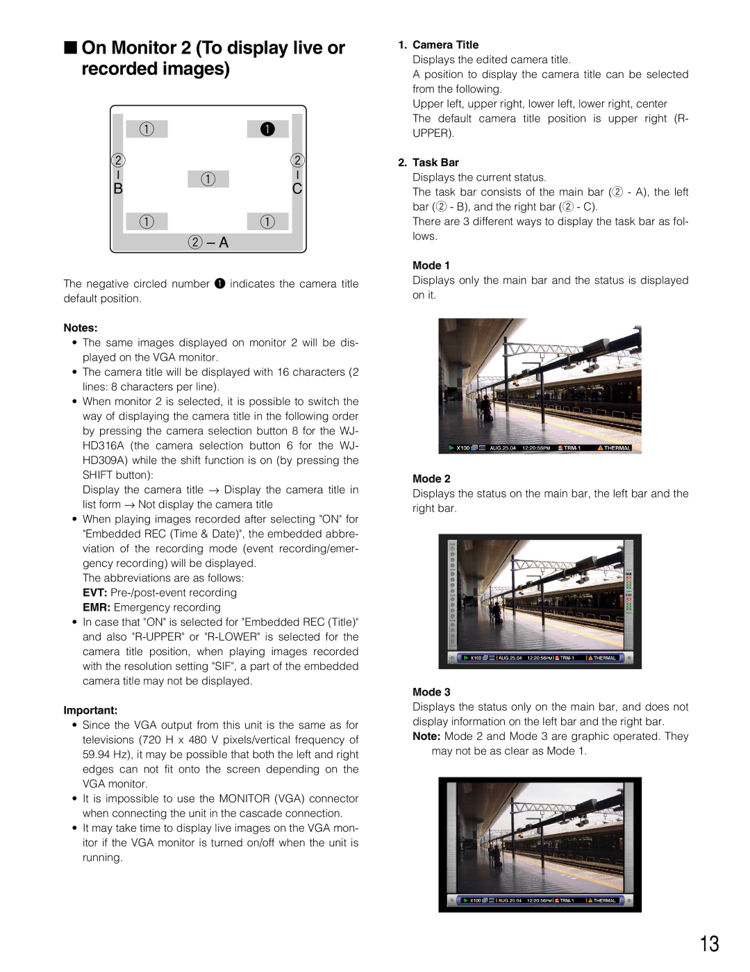 Panasonic WJ-HD316A, WJ-HD309A operating instructions On Monitor 2 To display live or recorded images, Task Bar, Mode 