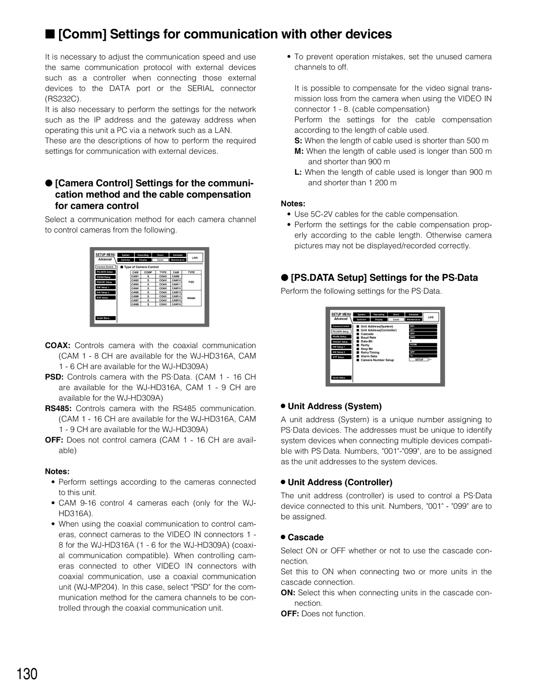 Panasonic WJ-HD309A 130, Comm Settings for communication with other devices, PS.DATA Setup Settings for the PS·Data 