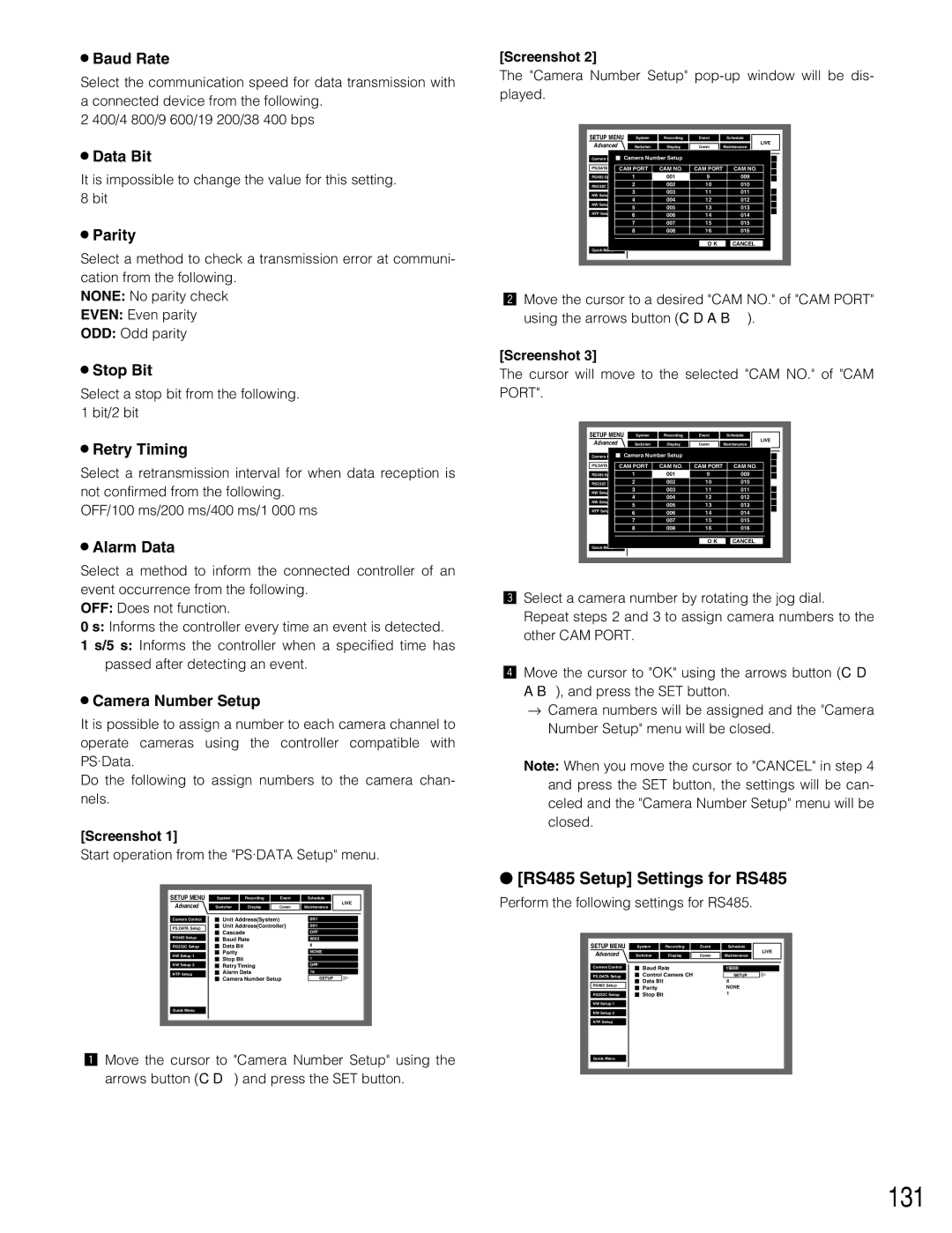 Panasonic WJ-HD316A, WJ-HD309A operating instructions 131, RS485 Setup Settings for RS485 