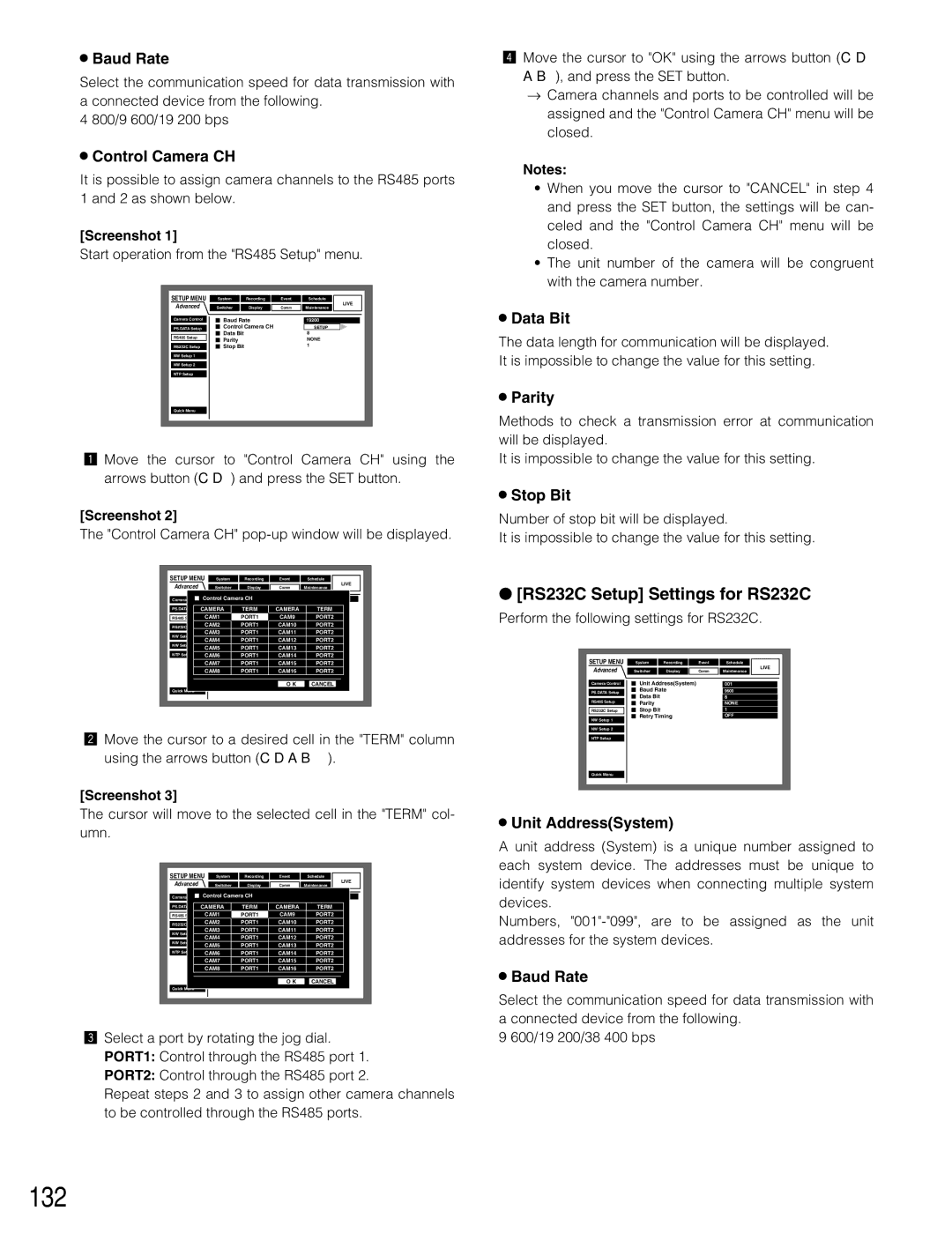 Panasonic WJ-HD309A, WJ-HD316A 132, RS232C Setup Settings for RS232C, Control Camera CH, Unit AddressSystem 