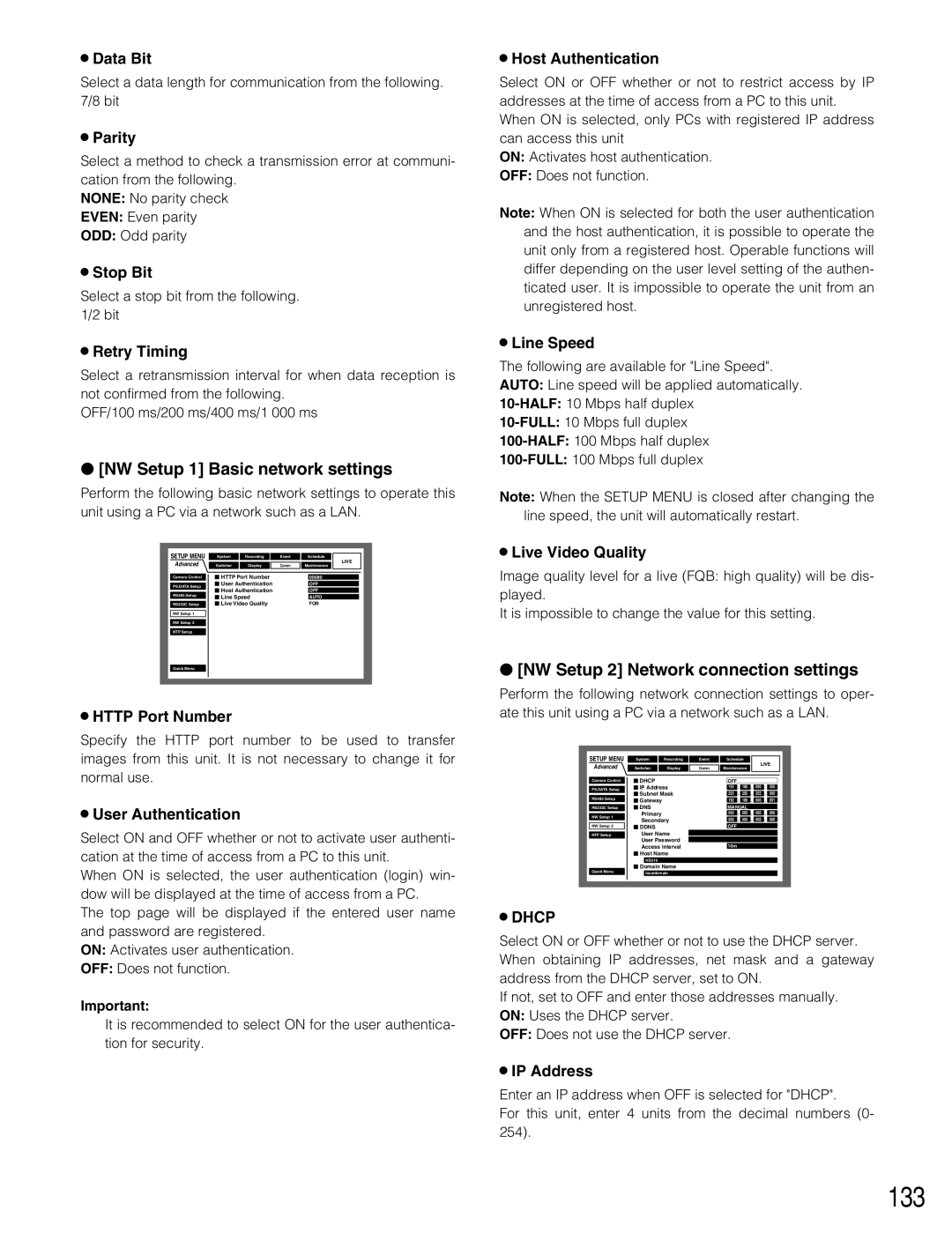 Panasonic WJ-HD316A, WJ-HD309A 133, NW Setup 1 Basic network settings, NW Setup 2 Network connection settings 