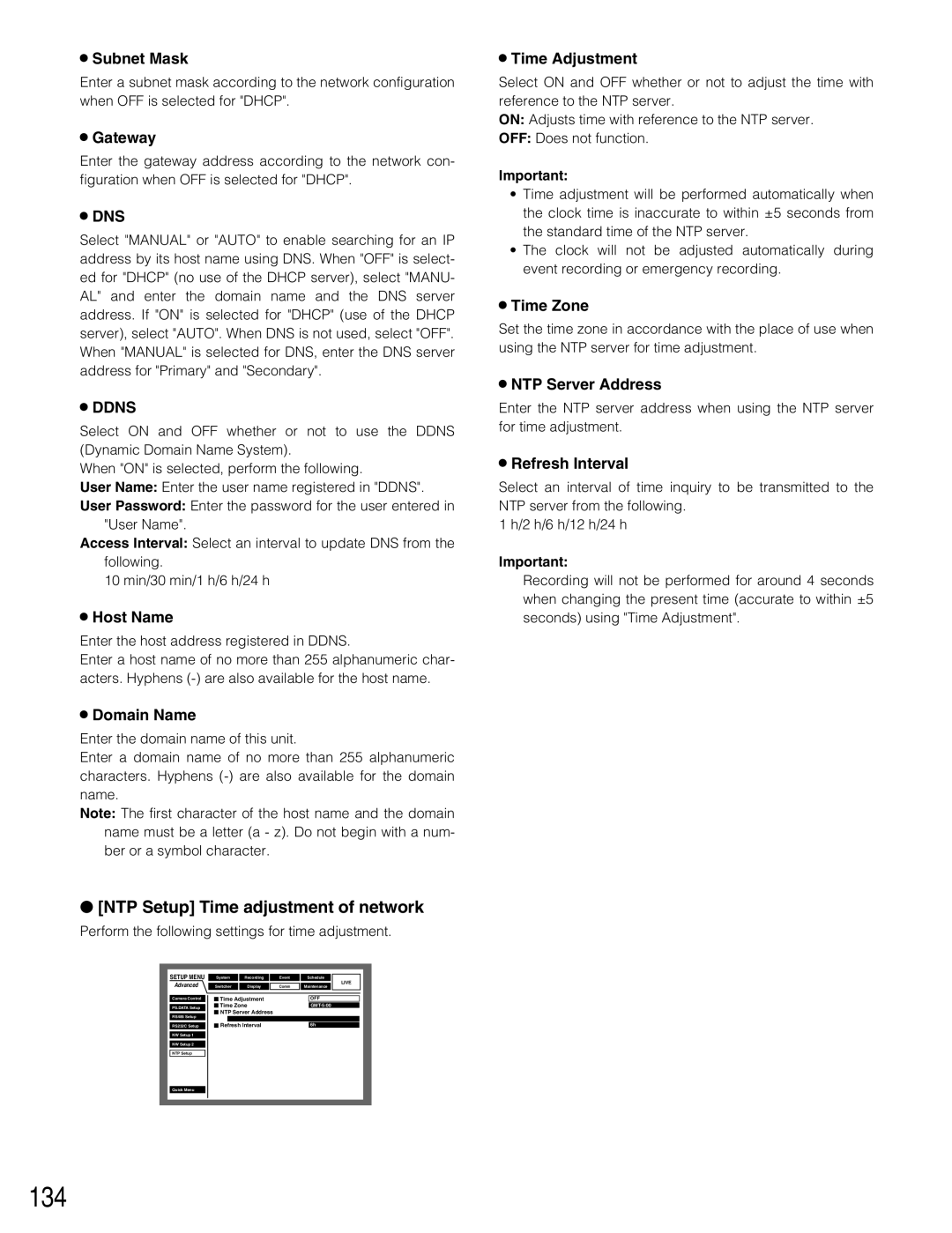 Panasonic WJ-HD309A, WJ-HD316A operating instructions 134, NTP Setup Time adjustment of network 