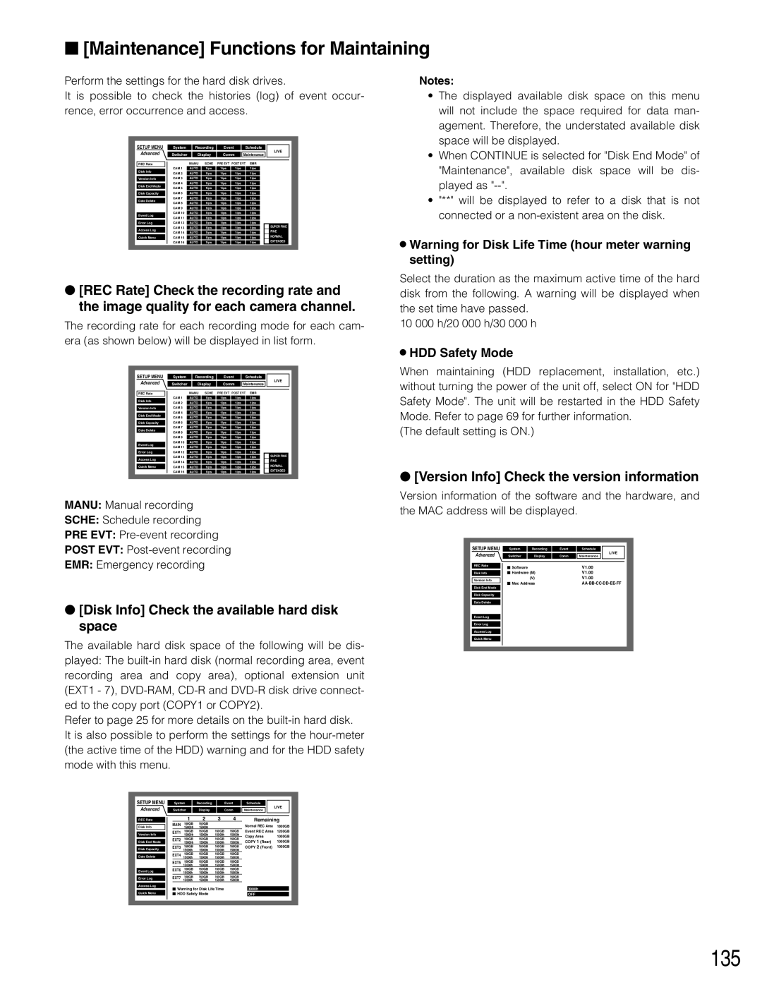 Panasonic WJ-HD316A, WJ-HD309A 135, Maintenance Functions for Maintaining, Version Info Check the version information 