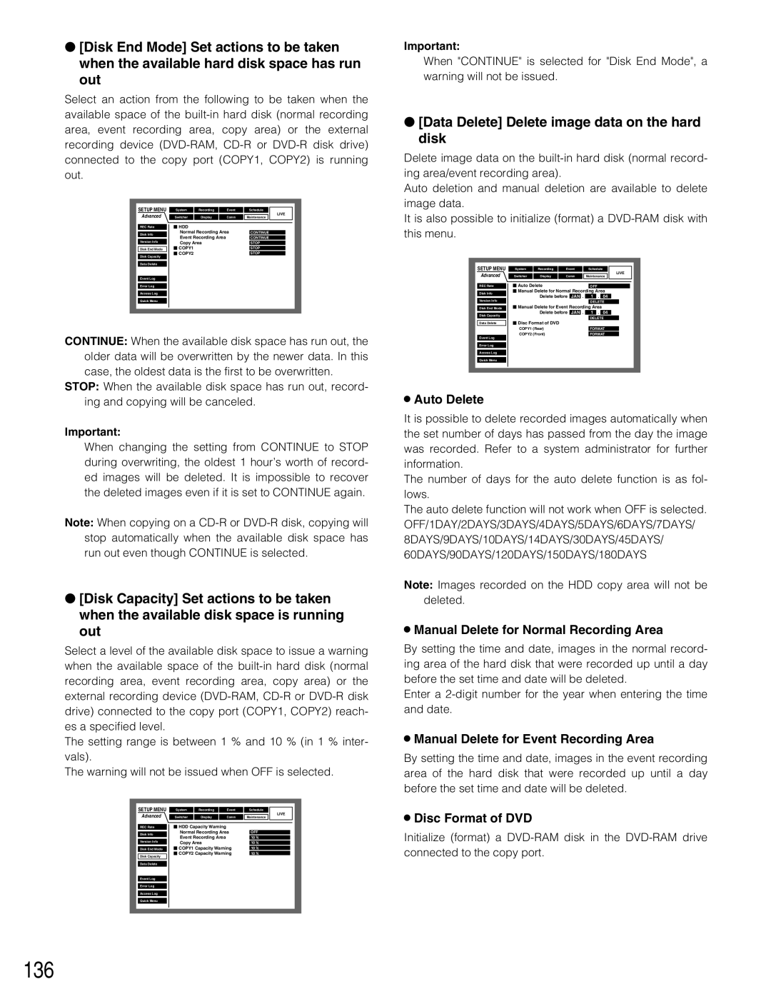 Panasonic WJ-HD309A, WJ-HD316A operating instructions 136, Data Delete Delete image data on the hard disk 