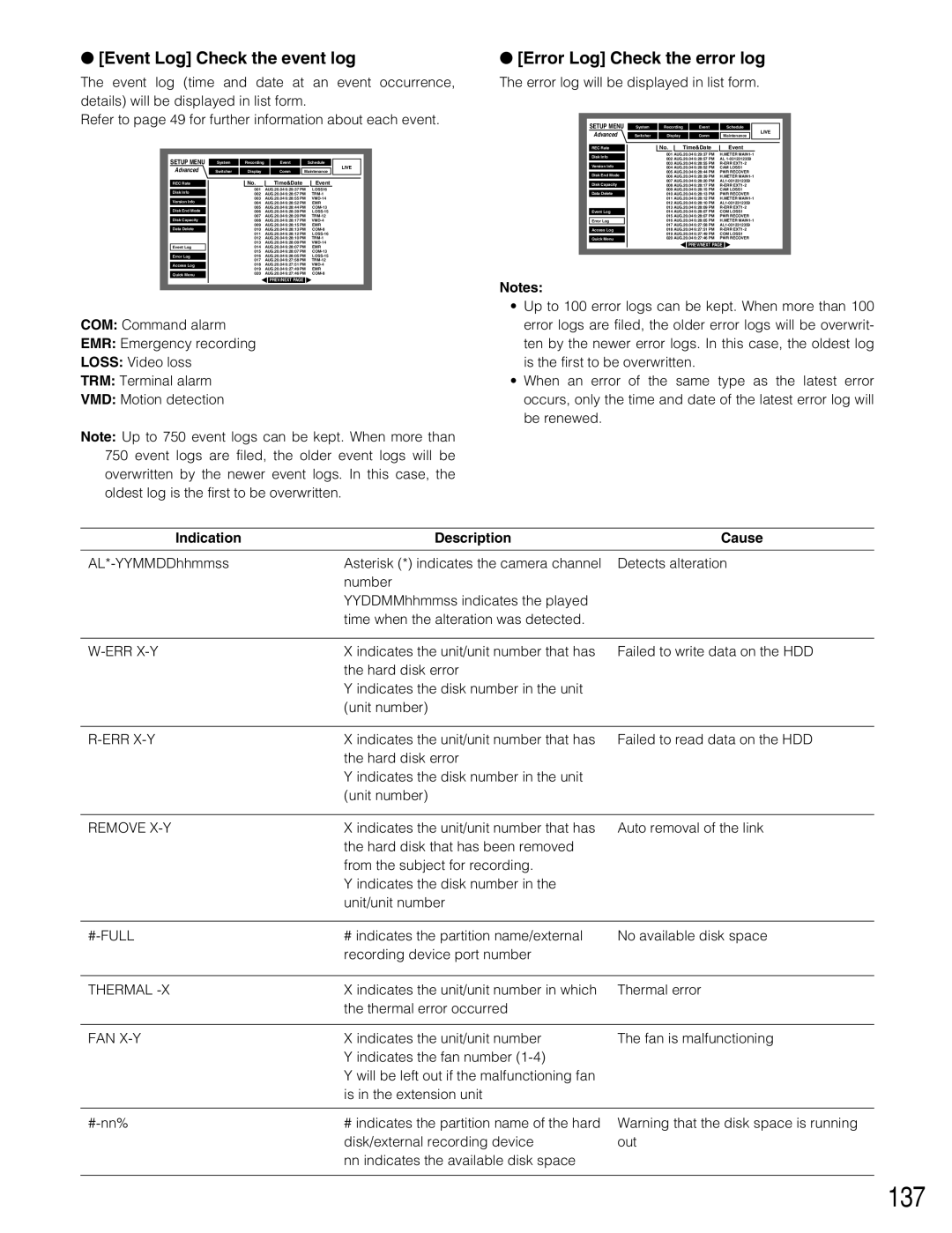 Panasonic WJ-HD316A 137, Event Log Check the event log, Error Log Check the error log, Indication Description Cause 