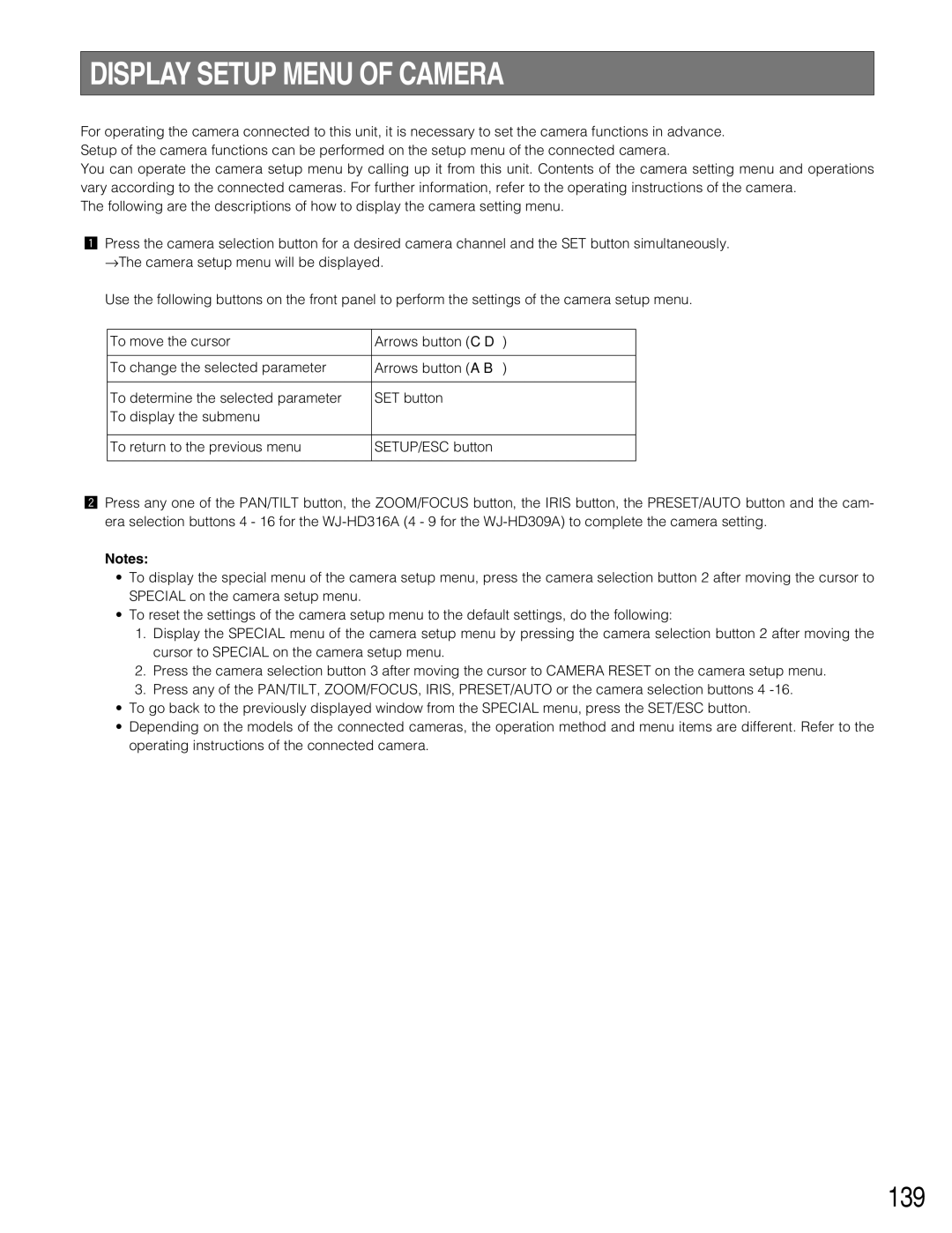 Panasonic WJ-HD316A, WJ-HD309A operating instructions Display Setup Menu of Camera, 139 