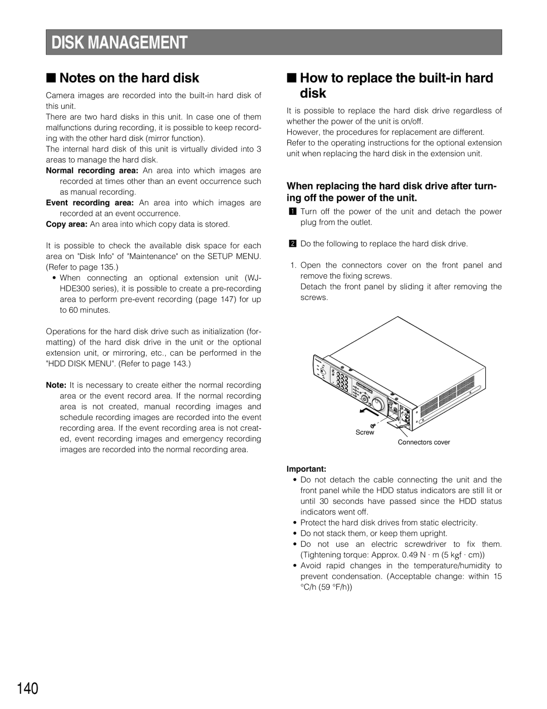 Panasonic WJ-HD309A, WJ-HD316A operating instructions Disk Management, 140, How to replace the built-in hard disk 