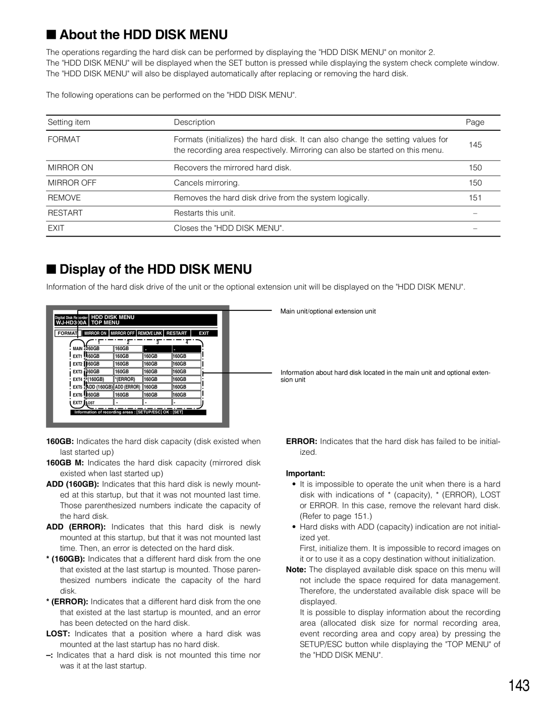 Panasonic WJ-HD316A, WJ-HD309A operating instructions 143, About the HDD Disk Menu, Display of the HDD Disk Menu 