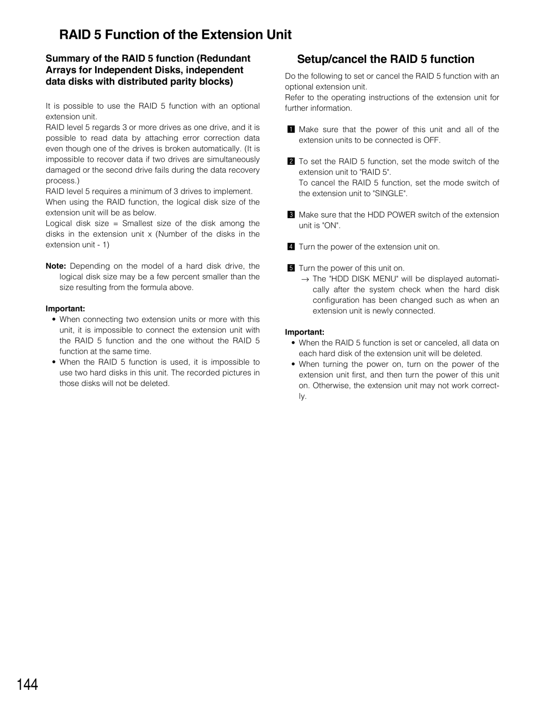 Panasonic WJ-HD309A, WJ-HD316A 144, RAID 5 Function of the Extension Unit, Setup/cancel the RAID 5 function 