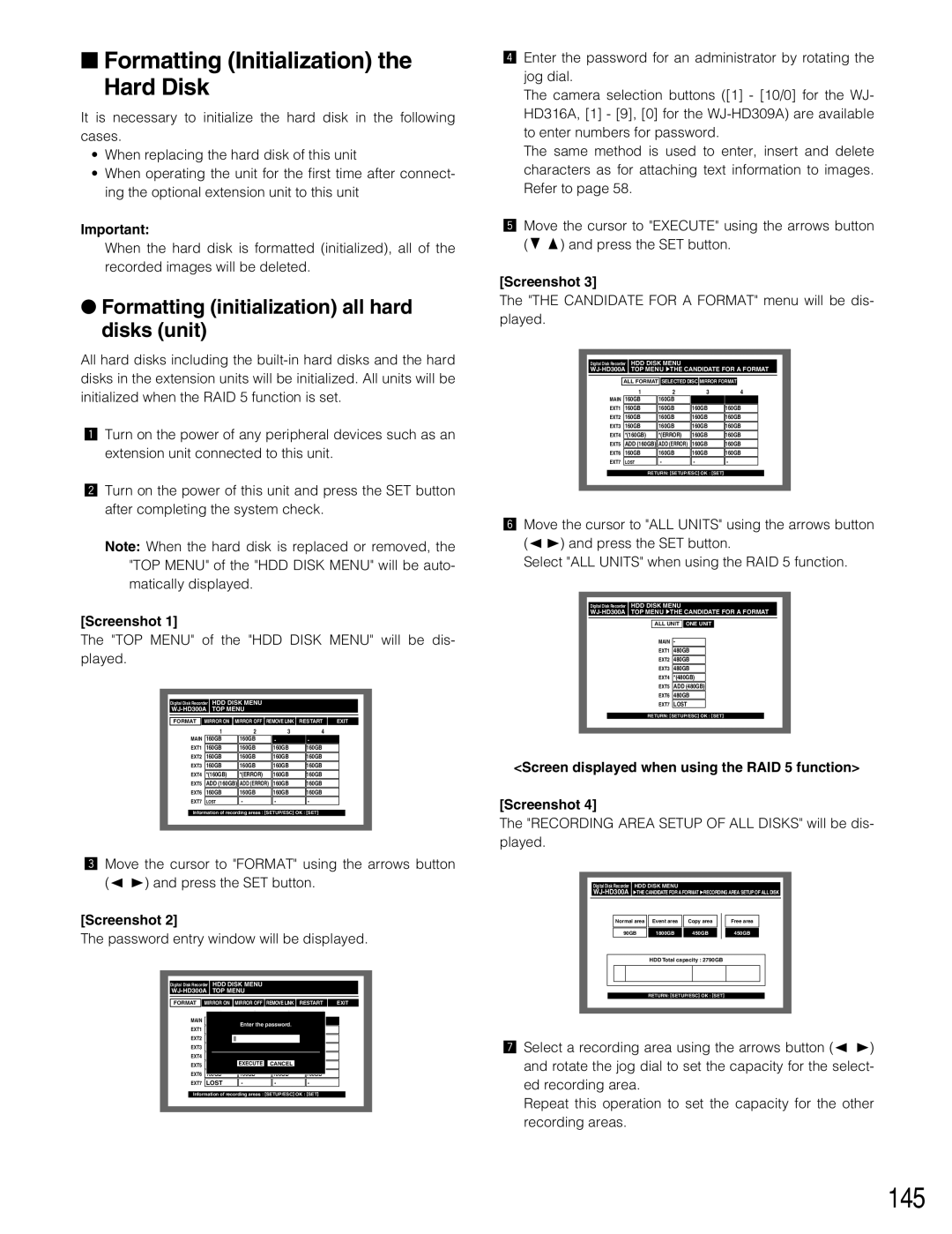 Panasonic WJ-HD316A, WJ-HD309A 145, Formatting Initialization the Hard Disk, Formatting initialization all hard disks unit 