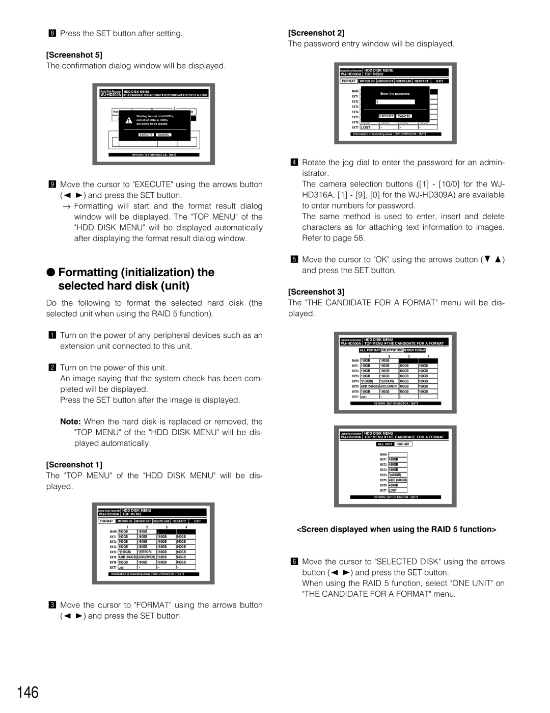 Panasonic WJ-HD309A 146, Formatting initialization the selected hard disk unit, Press the SET button after setting 