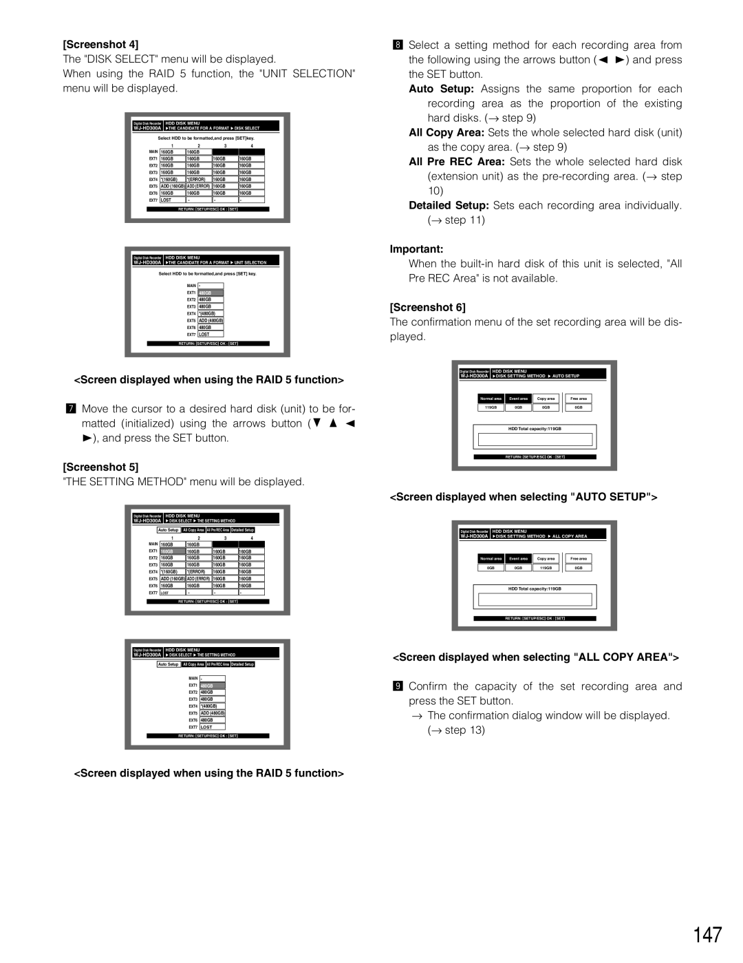 Panasonic WJ-HD316A, WJ-HD309A 147, Setting Method menu will be displayed, Screen displayed when selecting Auto Setup 