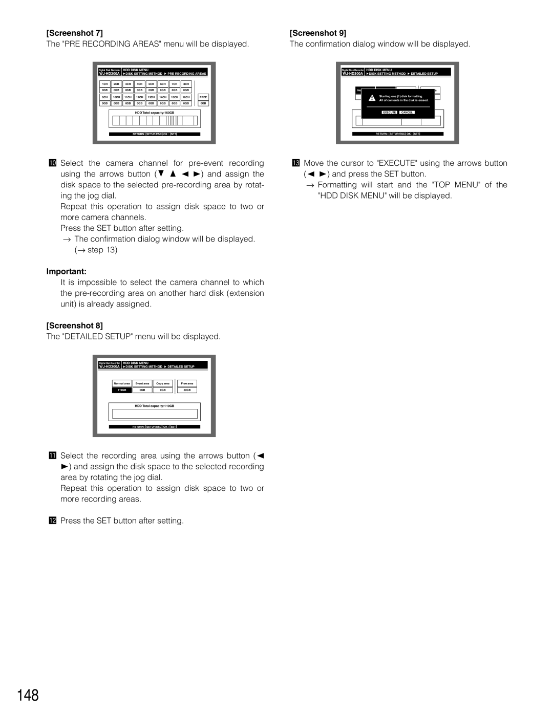 Panasonic WJ-HD309A, WJ-HD316A 148, PRE Recording Areas menu will be displayed, Detailed Setup menu will be displayed 