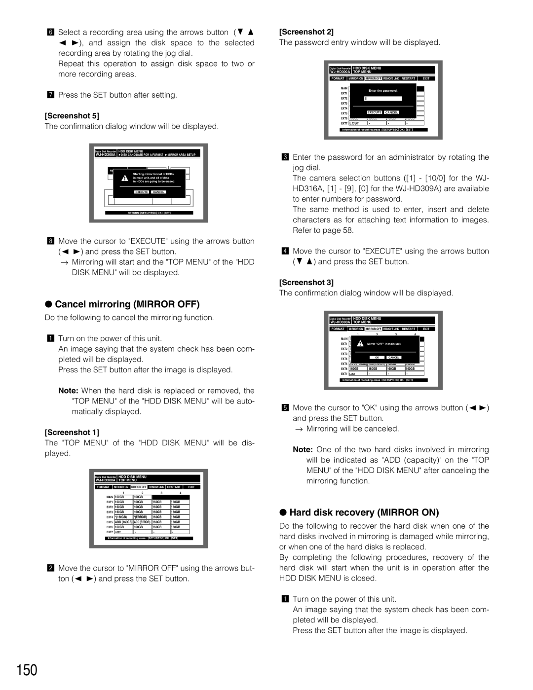 Panasonic WJ-HD309A, WJ-HD316A operating instructions 150, Cancel mirroring Mirror OFF, Hard disk recovery Mirror on 