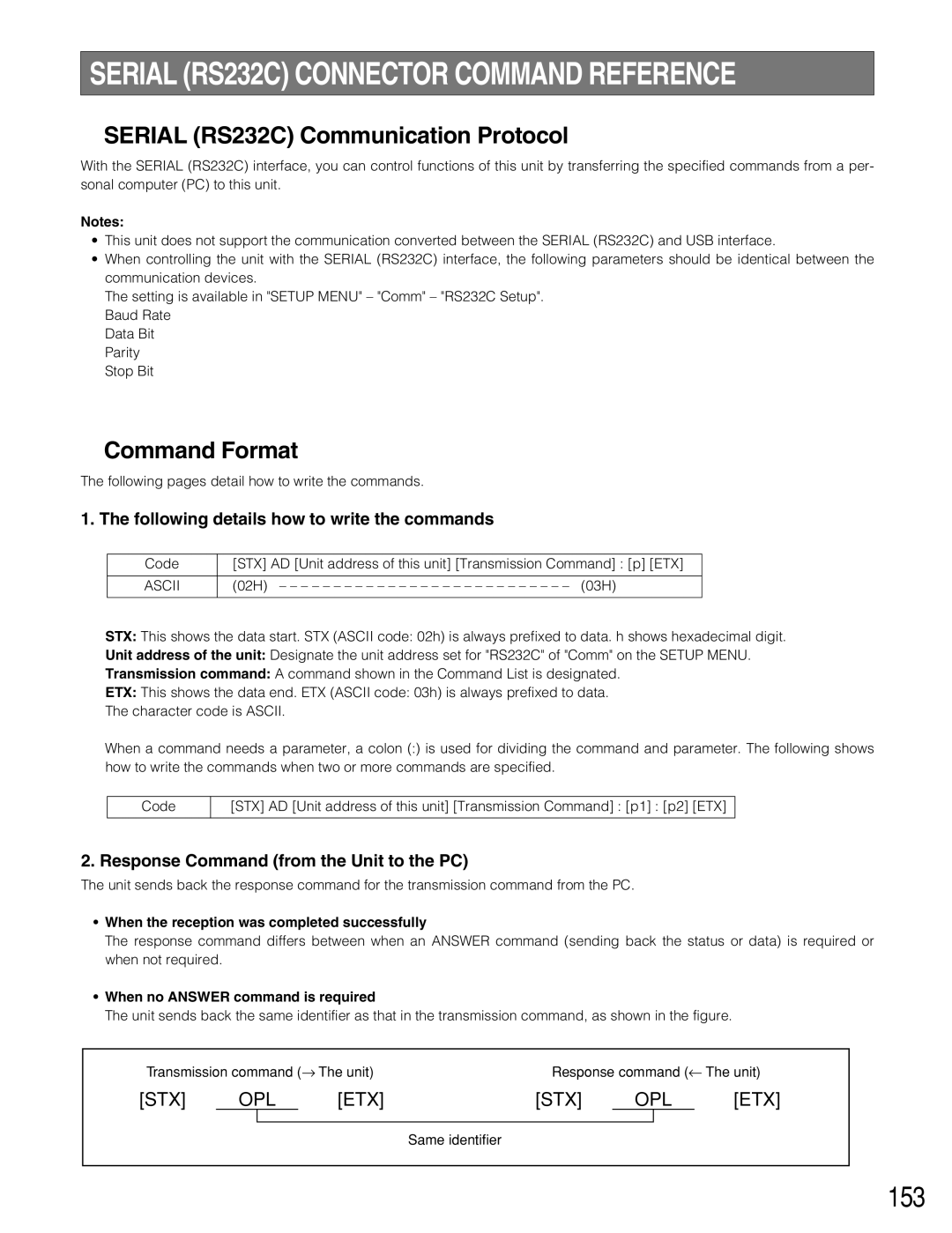 Panasonic WJ-HD316A 153, Serial RS232C Communication Protocol, Command Format, Following details how to write the commands 